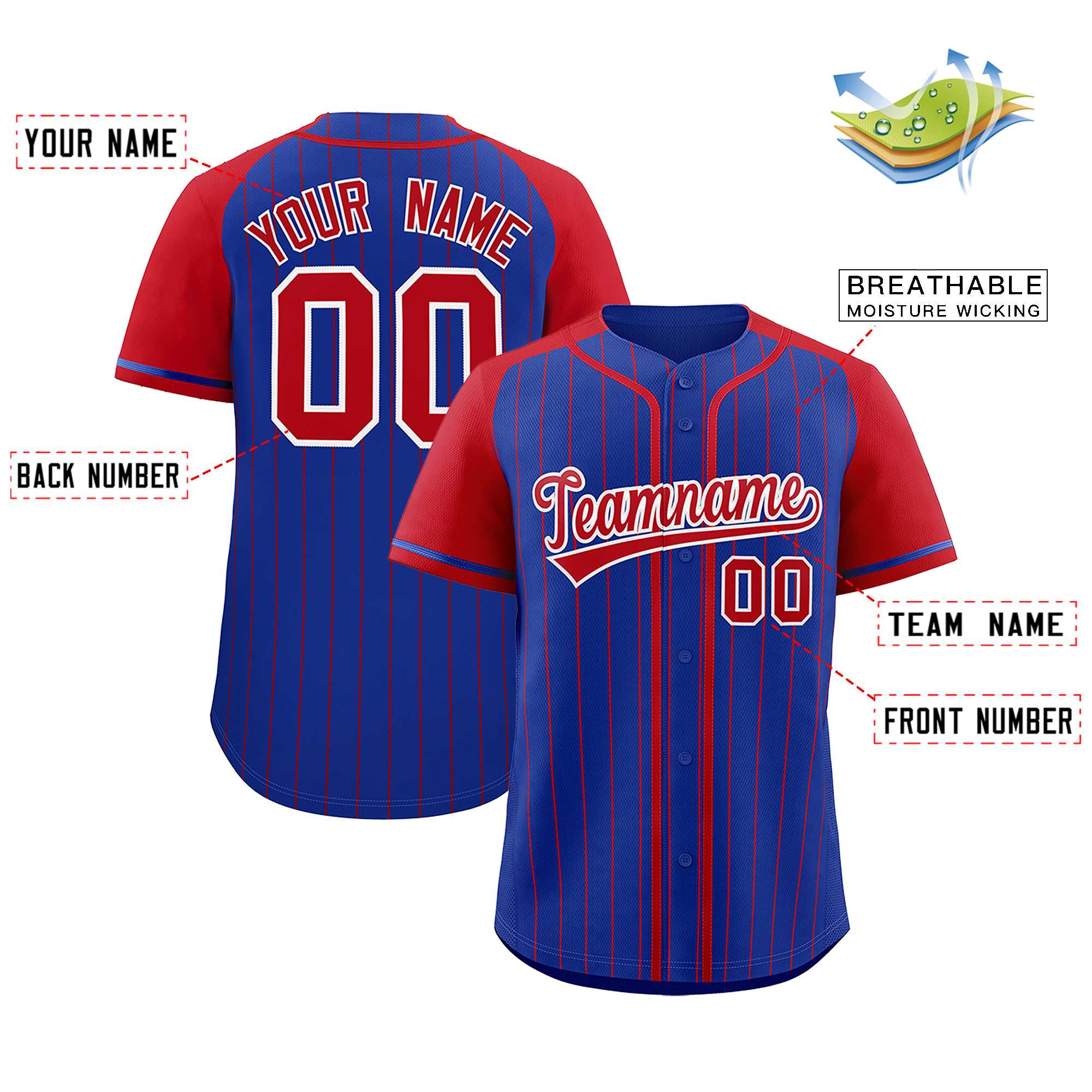 Custom Royal Red Stripe Fashion Raglan Sleeves Authentic Baseball Jersey