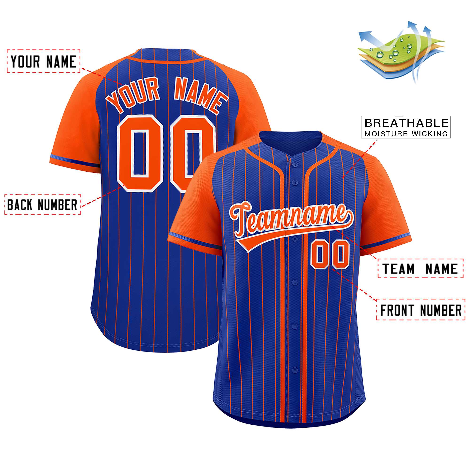 Custom Royal Orange Stripe Fashion Raglan Sleeves Authentic Baseball Jersey