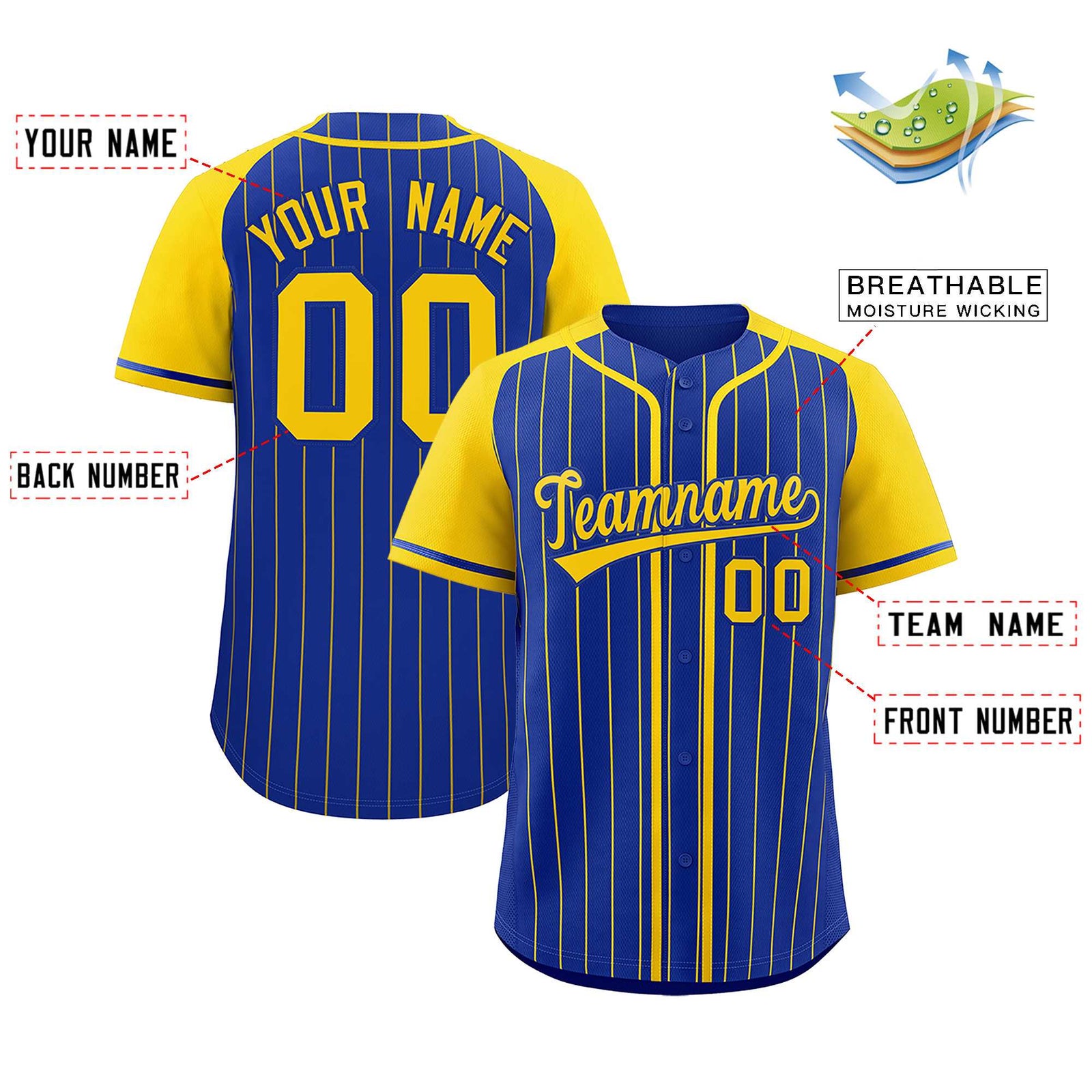Custom Royal Gold Stripe Fashion Raglan Sleeves Authentic Baseball Jersey