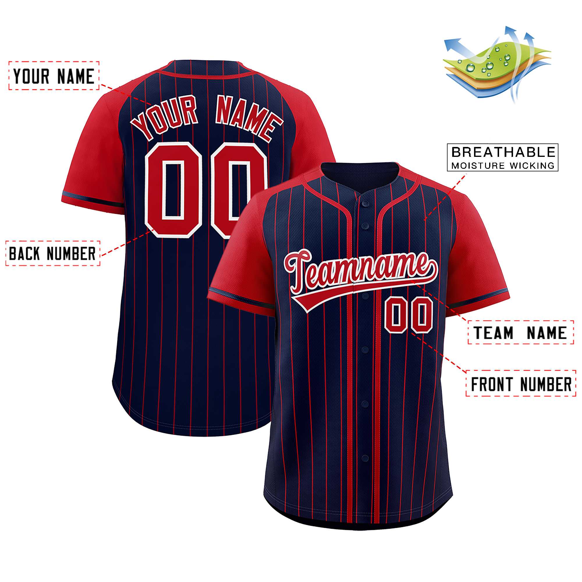 Custom Navy Red Stripe Fashion Raglan Sleeves Authentic Baseball Jersey