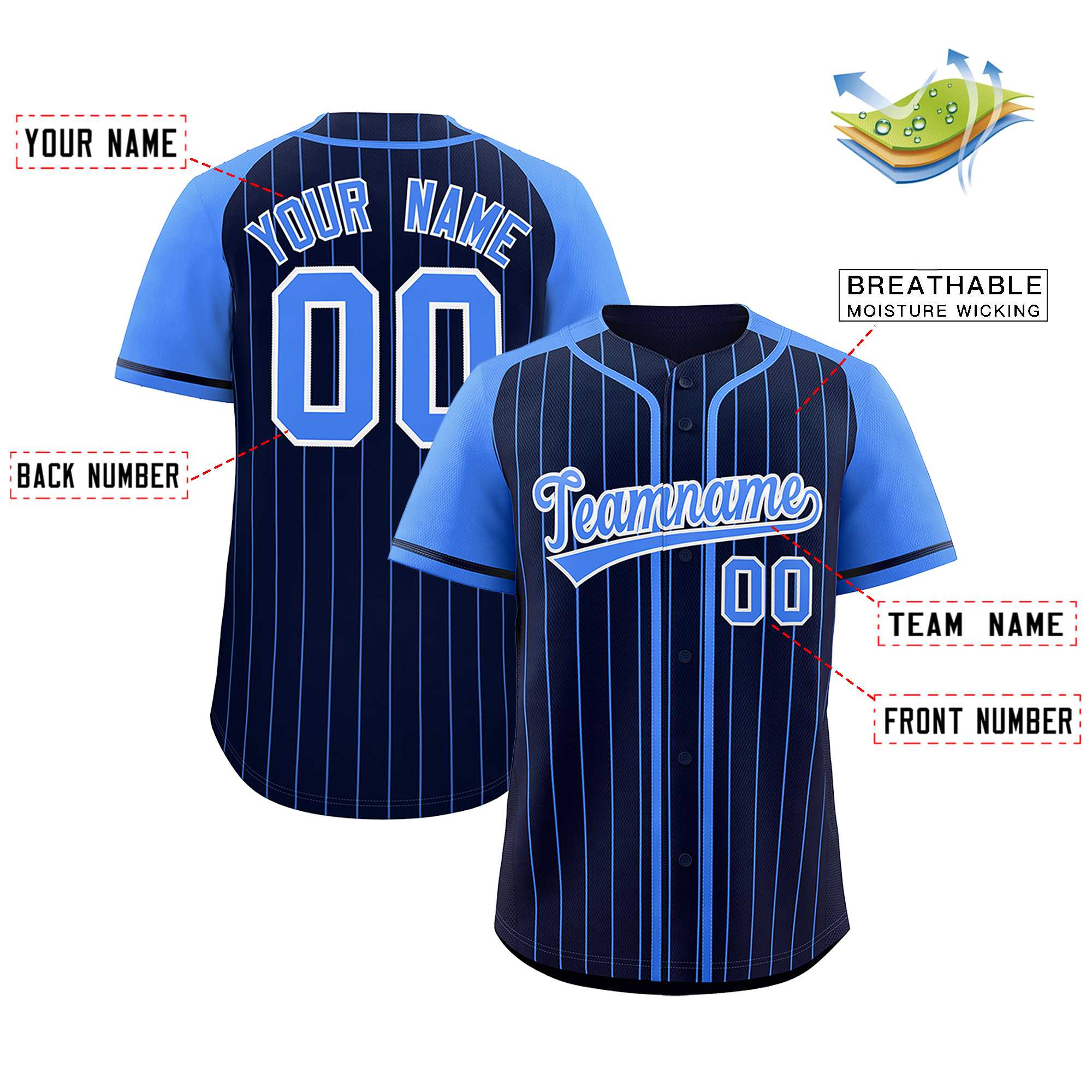 Custom Navy Powder Blue Stripe Fashion Raglan Sleeves Authentic Baseball Jersey