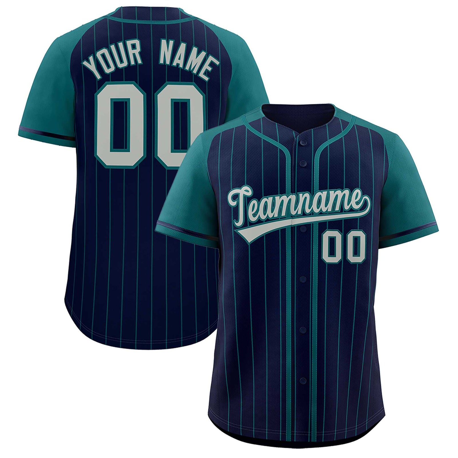 Custom Navy Aqua Stripe Fashion Raglan Sleeves Authentic Baseball Jersey