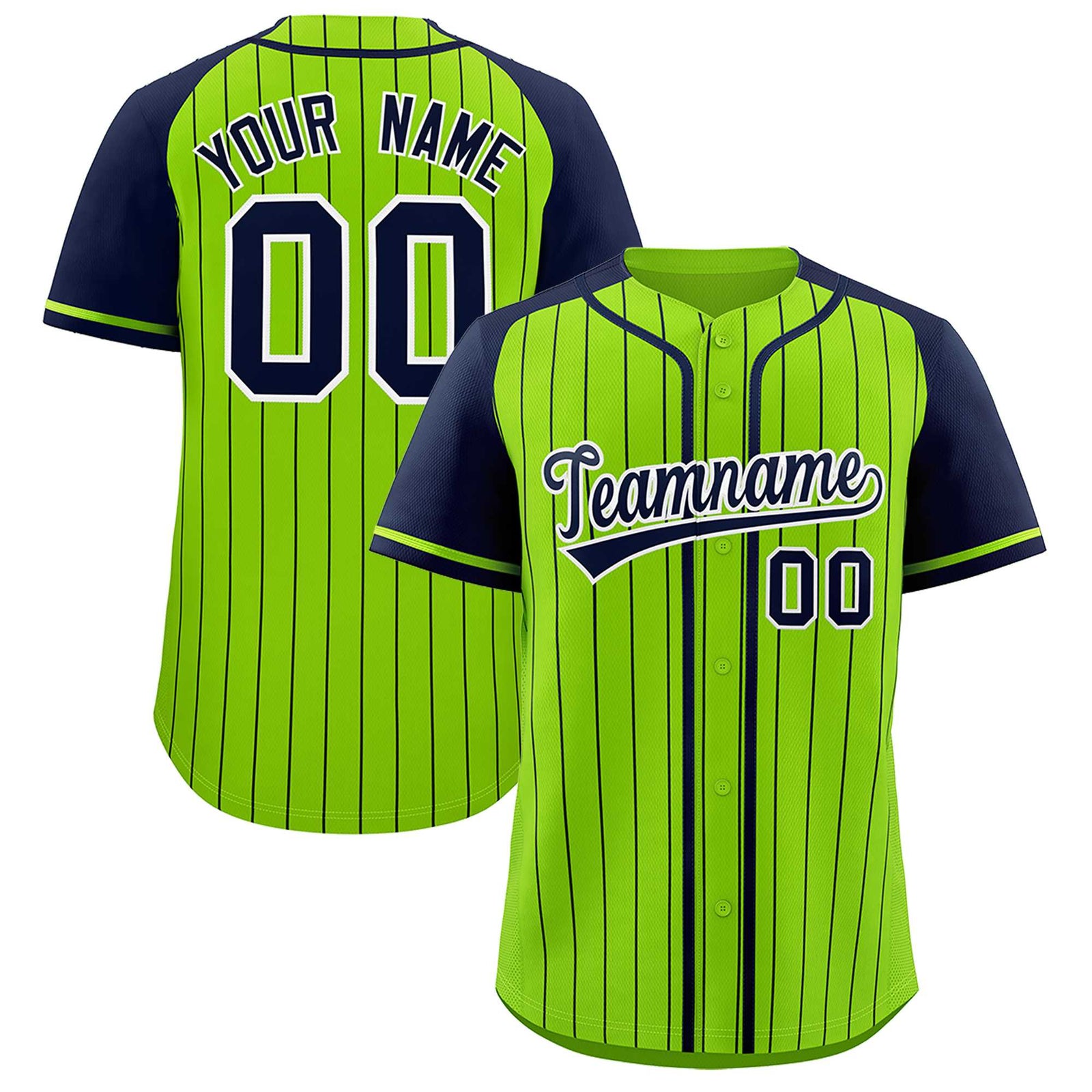 Custom Neon Green Navy Stripe Fashion Raglan Sleeves Authentic Baseball Jersey
