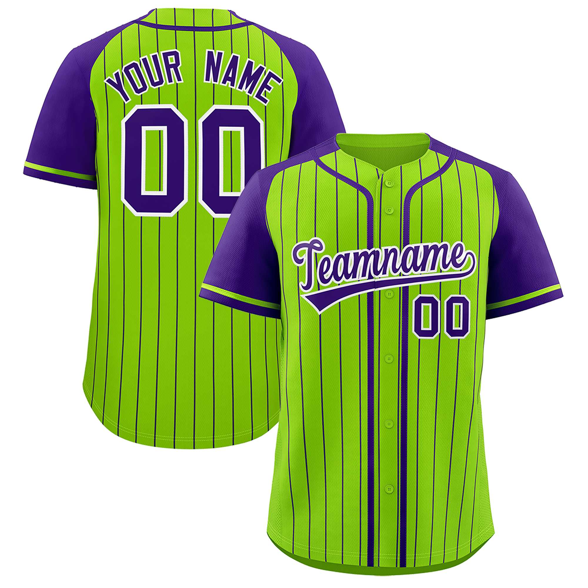 Custom Neon Green Purple Stripe Fashion Raglan Sleeves Authentic Baseball Jersey