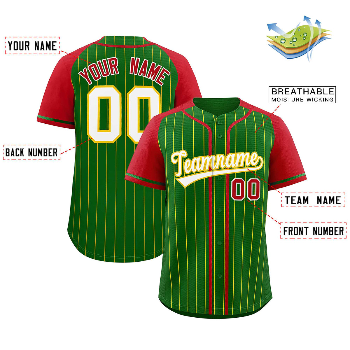 Custom Kelly Green Red Stripe Fashion Raglan Sleeves Authentic Baseball Jersey