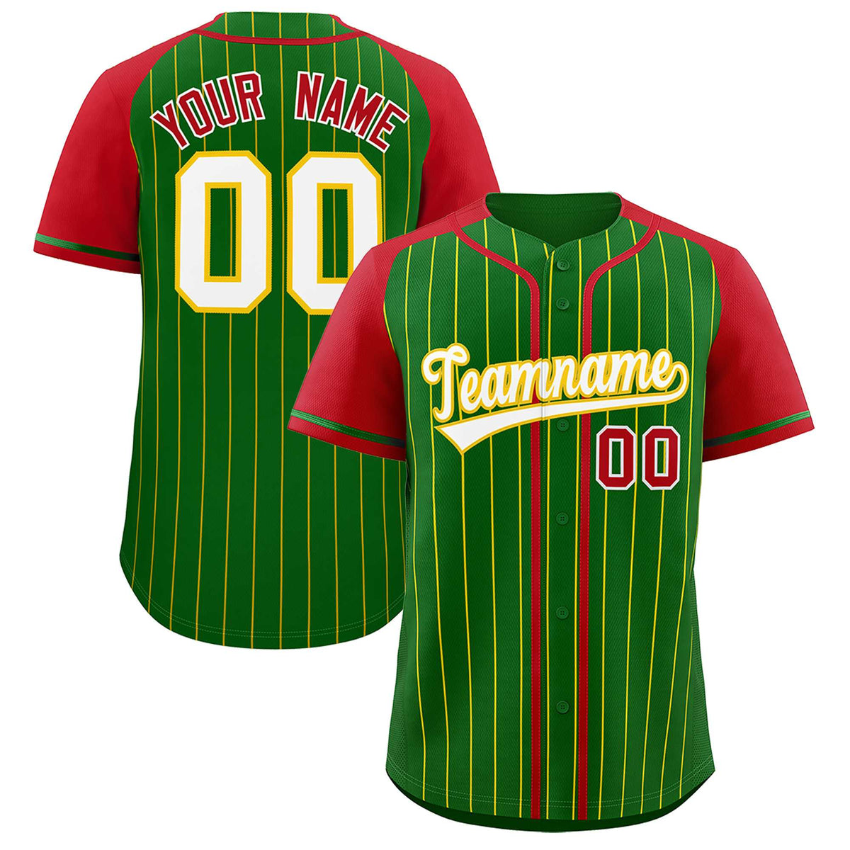 Custom Kelly Green Red Stripe Fashion Raglan Sleeves Authentic Baseball Jersey