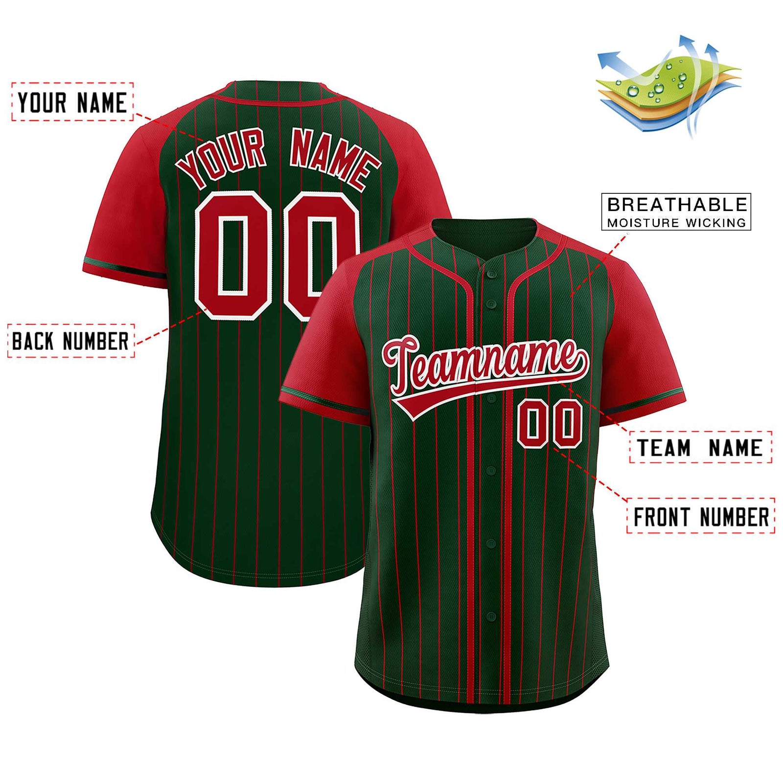 Custom Green Red Stripe Fashion Raglan Sleeves Authentic Baseball Jersey