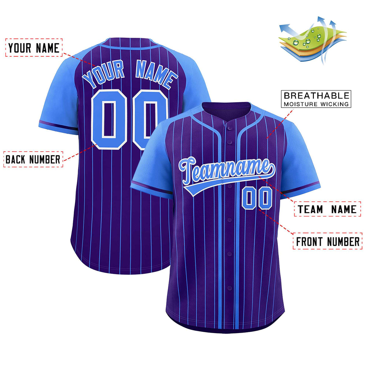 Custom Purple Powder Blue Stripe Fashion Raglan Sleeves Authentic Baseball Jersey