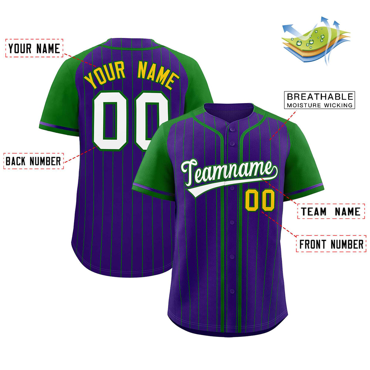 Custom Purple Kelly Green Stripe Fashion Raglan Sleeves Authentic Baseball Jersey