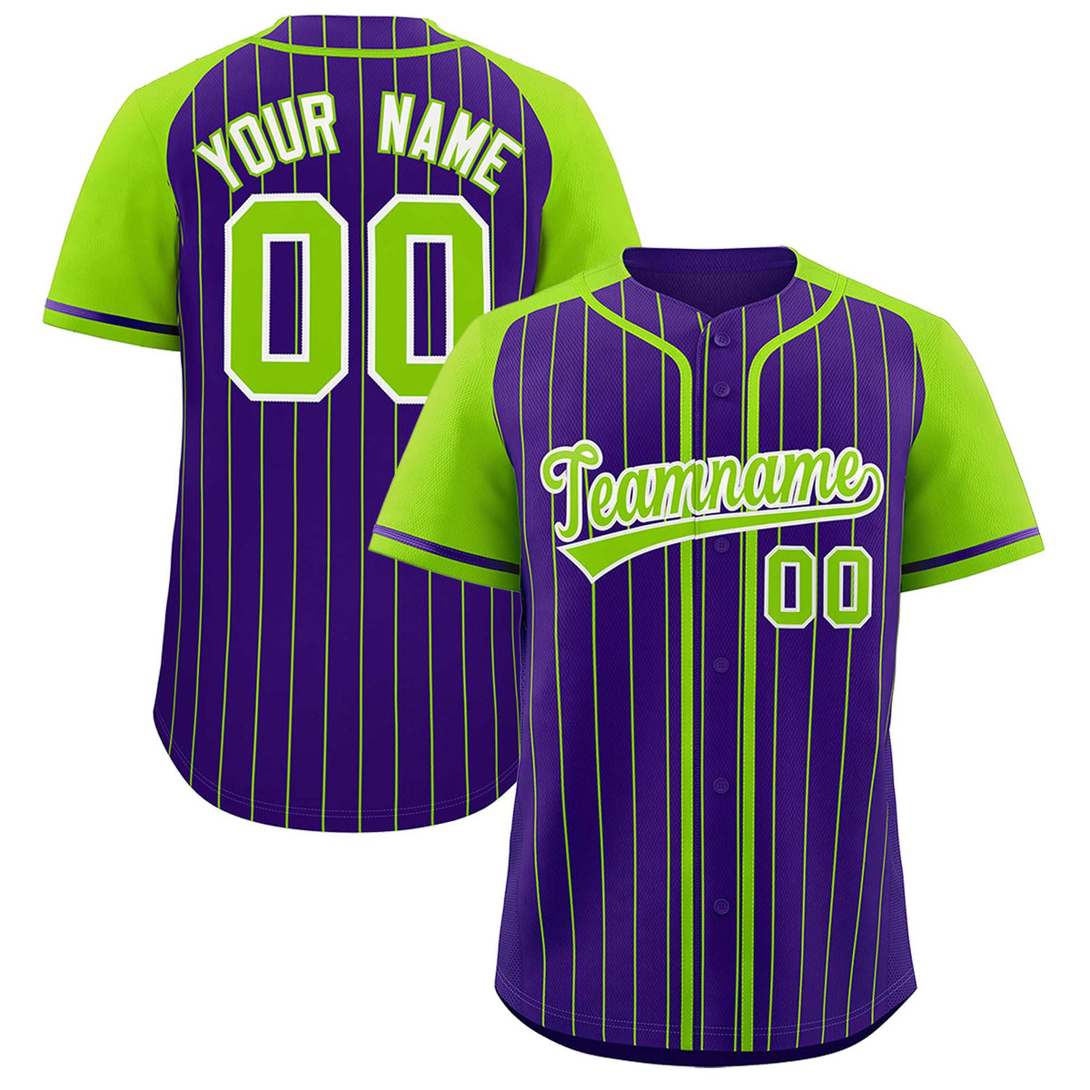 Custom Purple Neon Green Stripe Fashion Raglan Sleeves Authentic Baseball Jersey