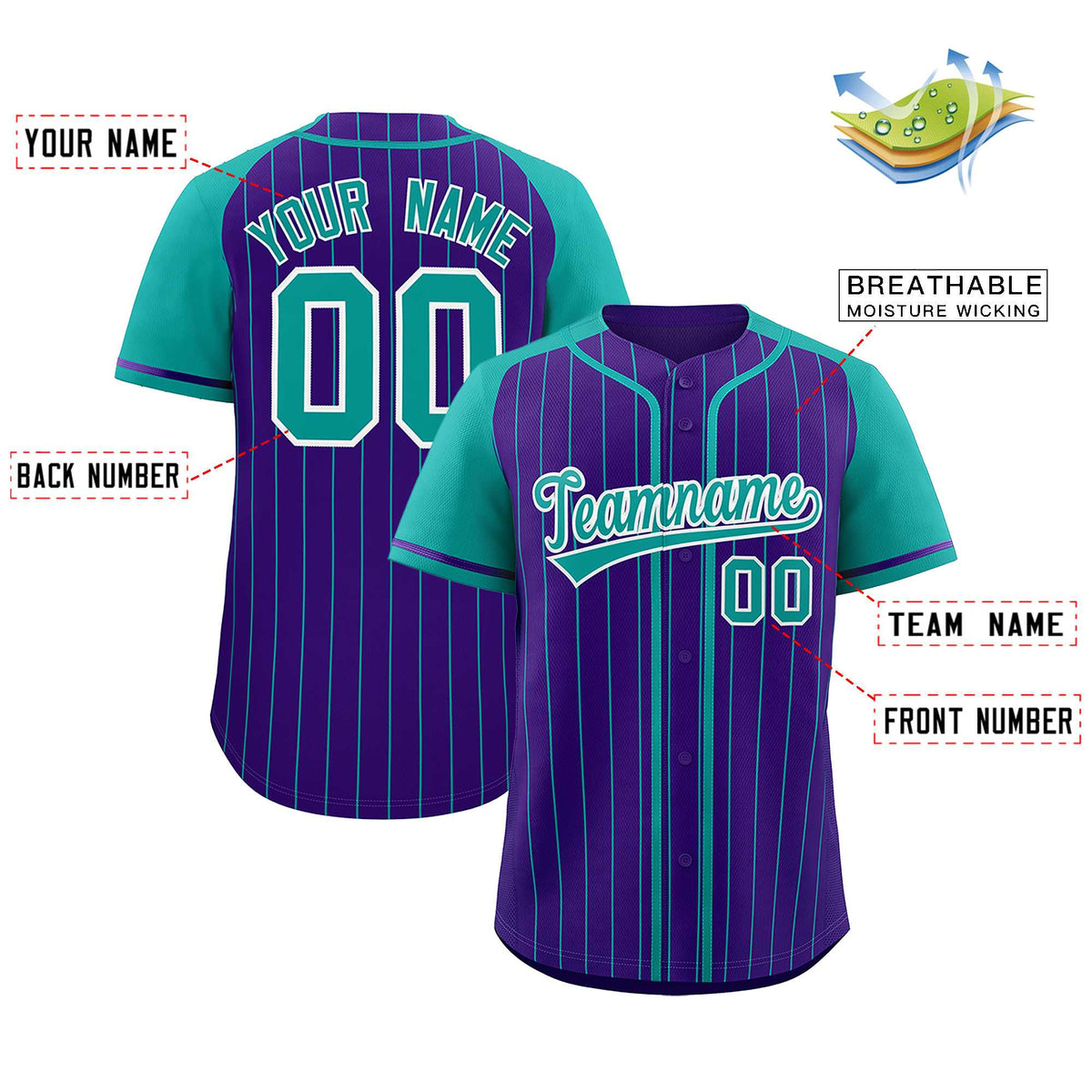 Custom Purple Aqua Stripe Fashion Raglan Sleeves Authentic Baseball Jersey