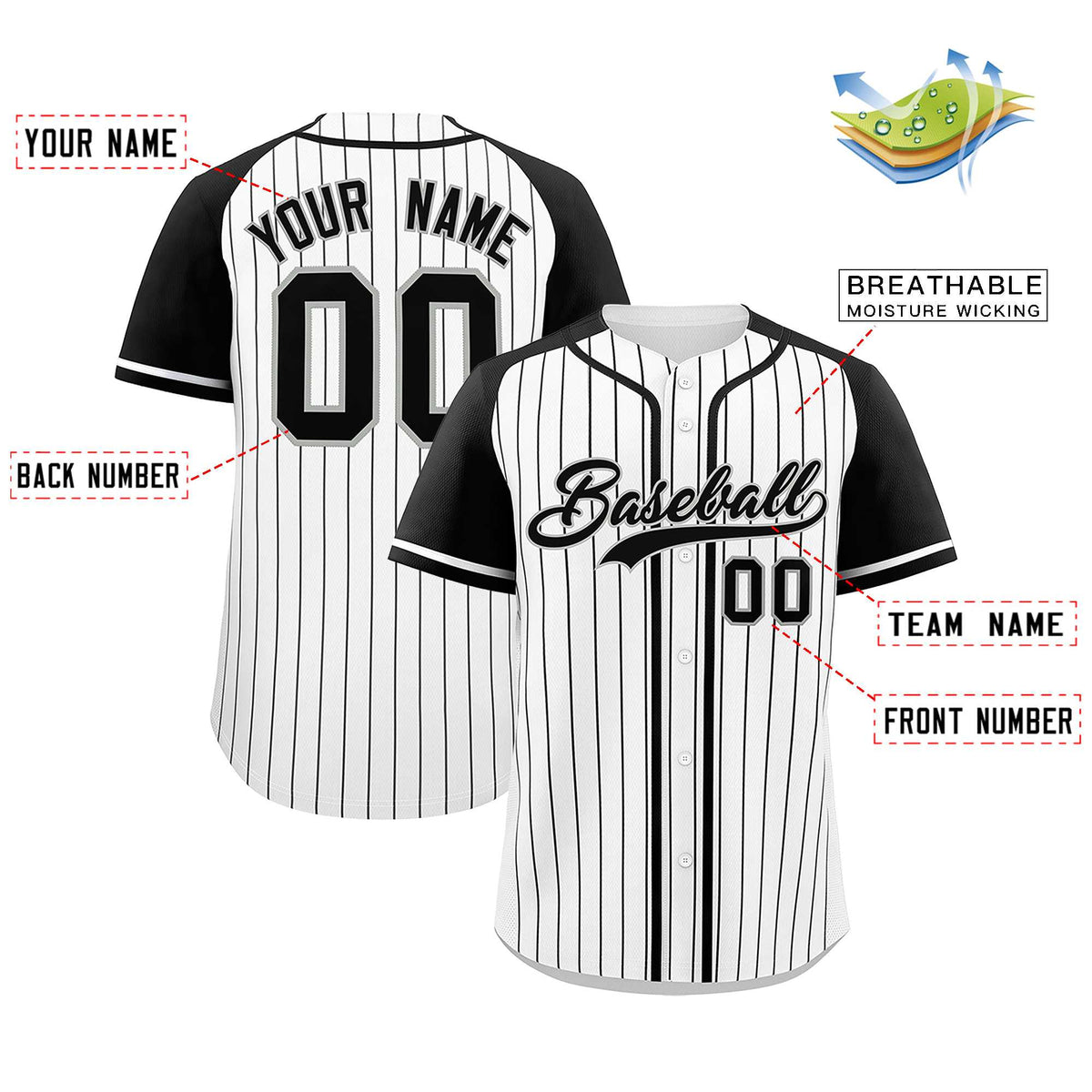 Custom White Black Stripe Fashion Raglan Sleeves Authentic Baseball Jersey