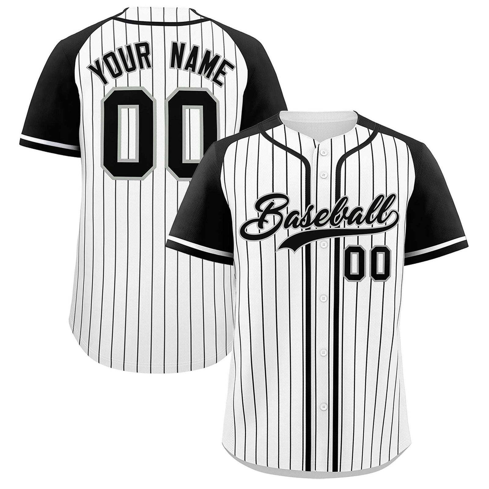 Custom White Black Stripe Fashion Raglan Sleeves Authentic Baseball Jersey