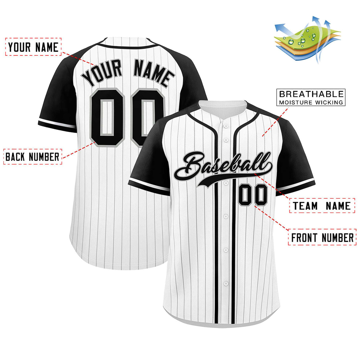 Custom White Black Stripe Fashion Raglan Sleeves Authentic Baseball Jersey