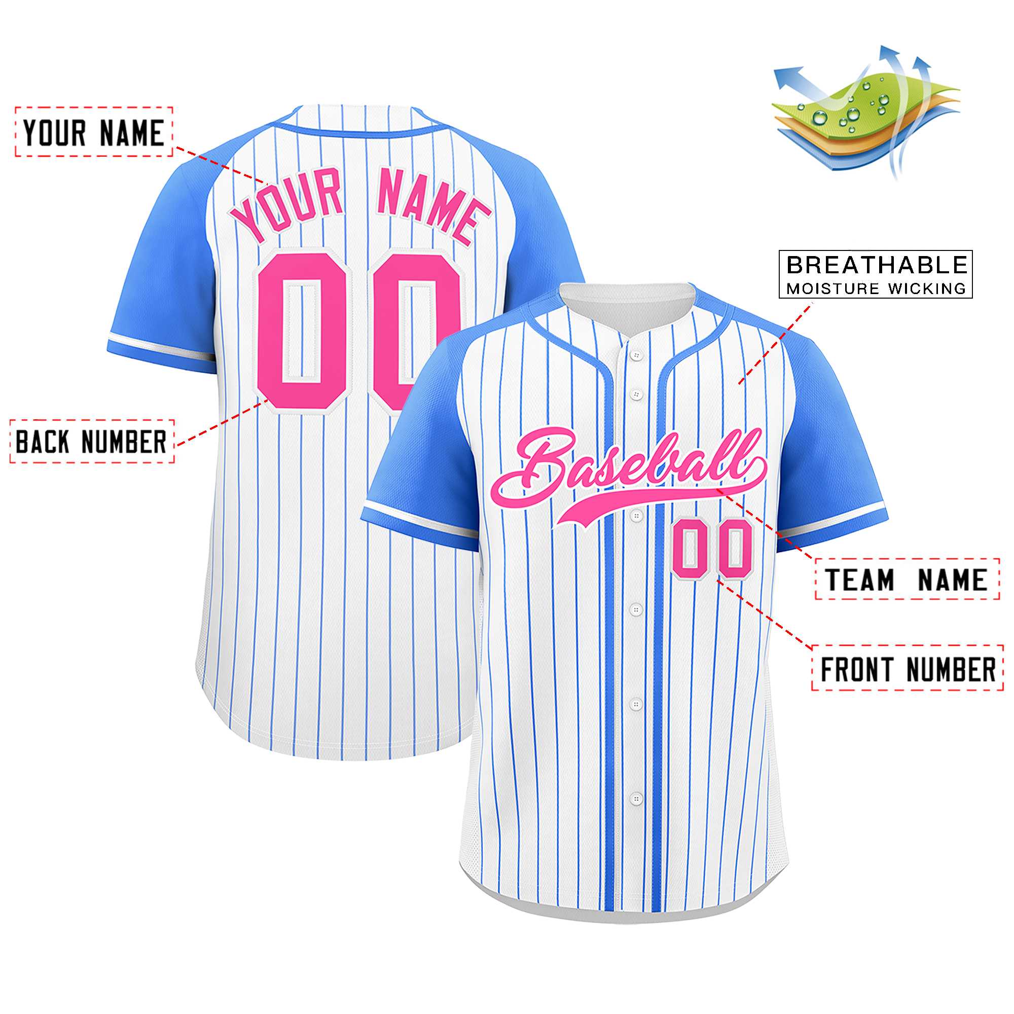 Custom White Powder Blue Stripe Fashion Raglan Sleeves Authentic Baseball Jersey