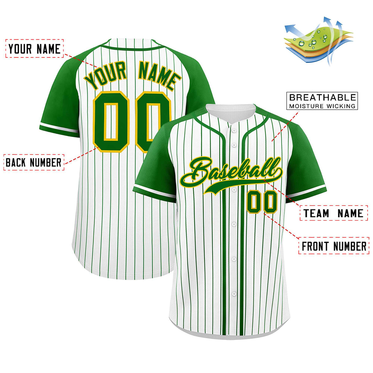 Custom White Kelly Green Stripe Fashion Raglan Sleeves Authentic Baseball Jersey