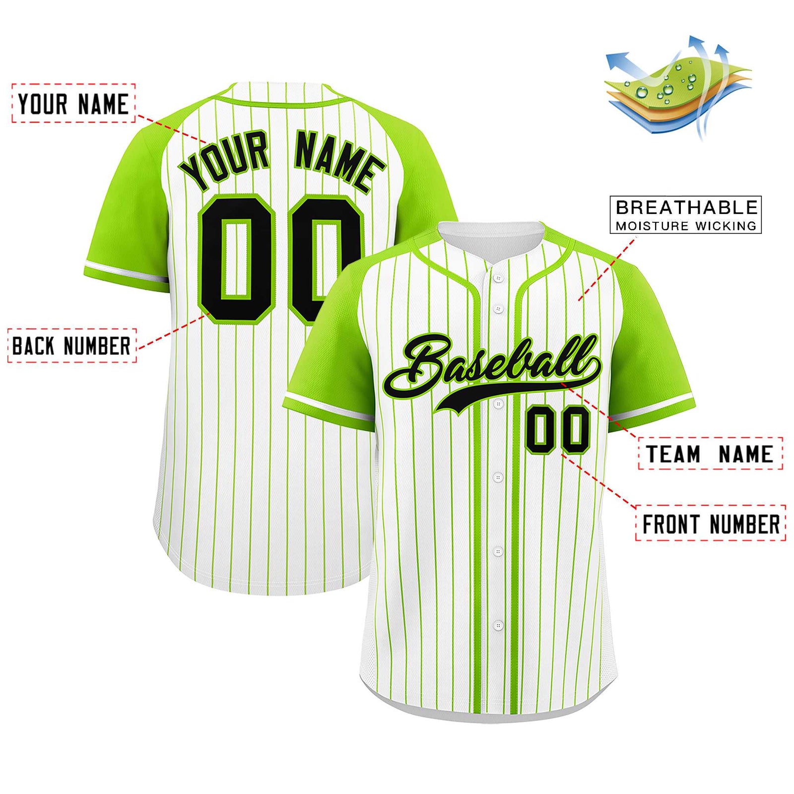 Custom White Neon Green Stripe Fashion Raglan Sleeves Authentic Baseball Jersey