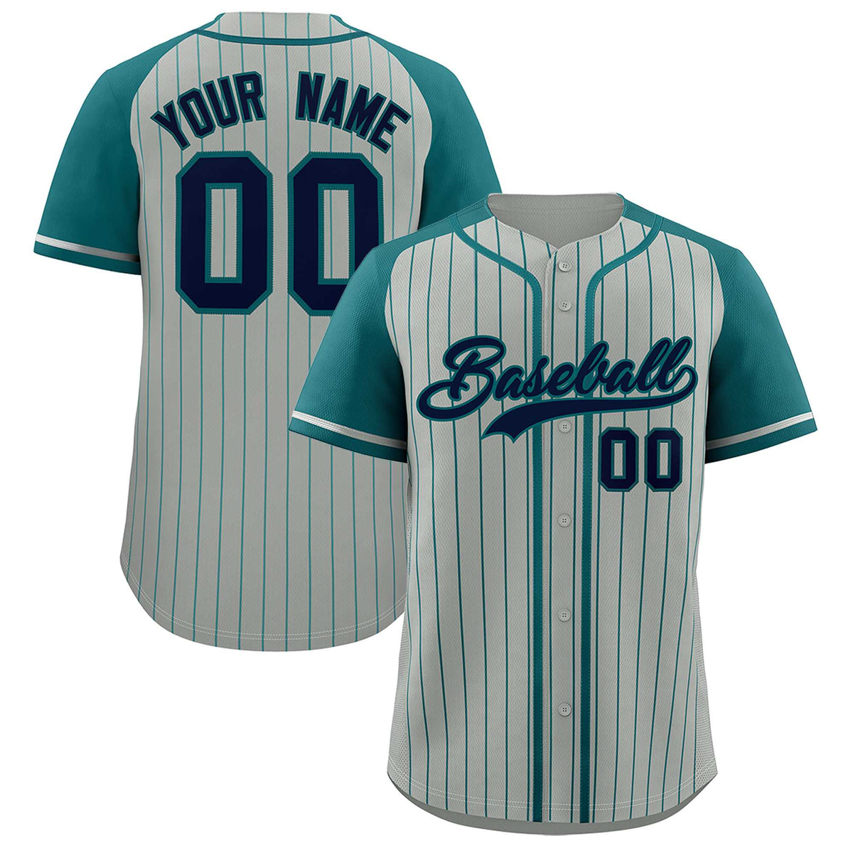 Custom Gray Aqua Stripe Fashion Raglan Sleeves Authentic Baseball Jersey
