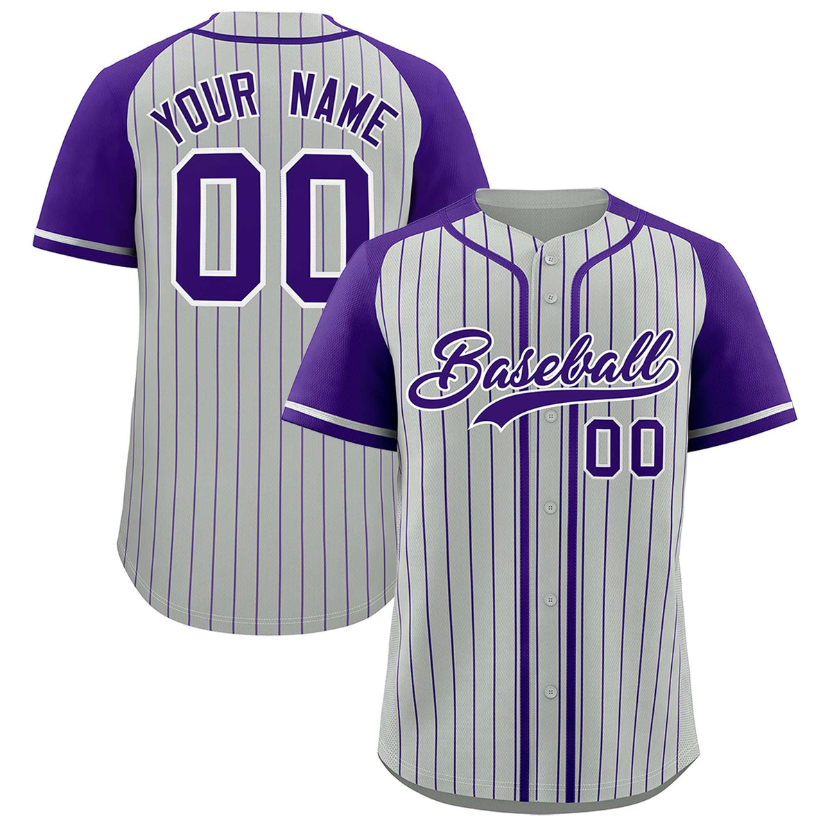 Custom Gray Purple Stripe Fashion Raglan Sleeves Authentic Baseball Jersey