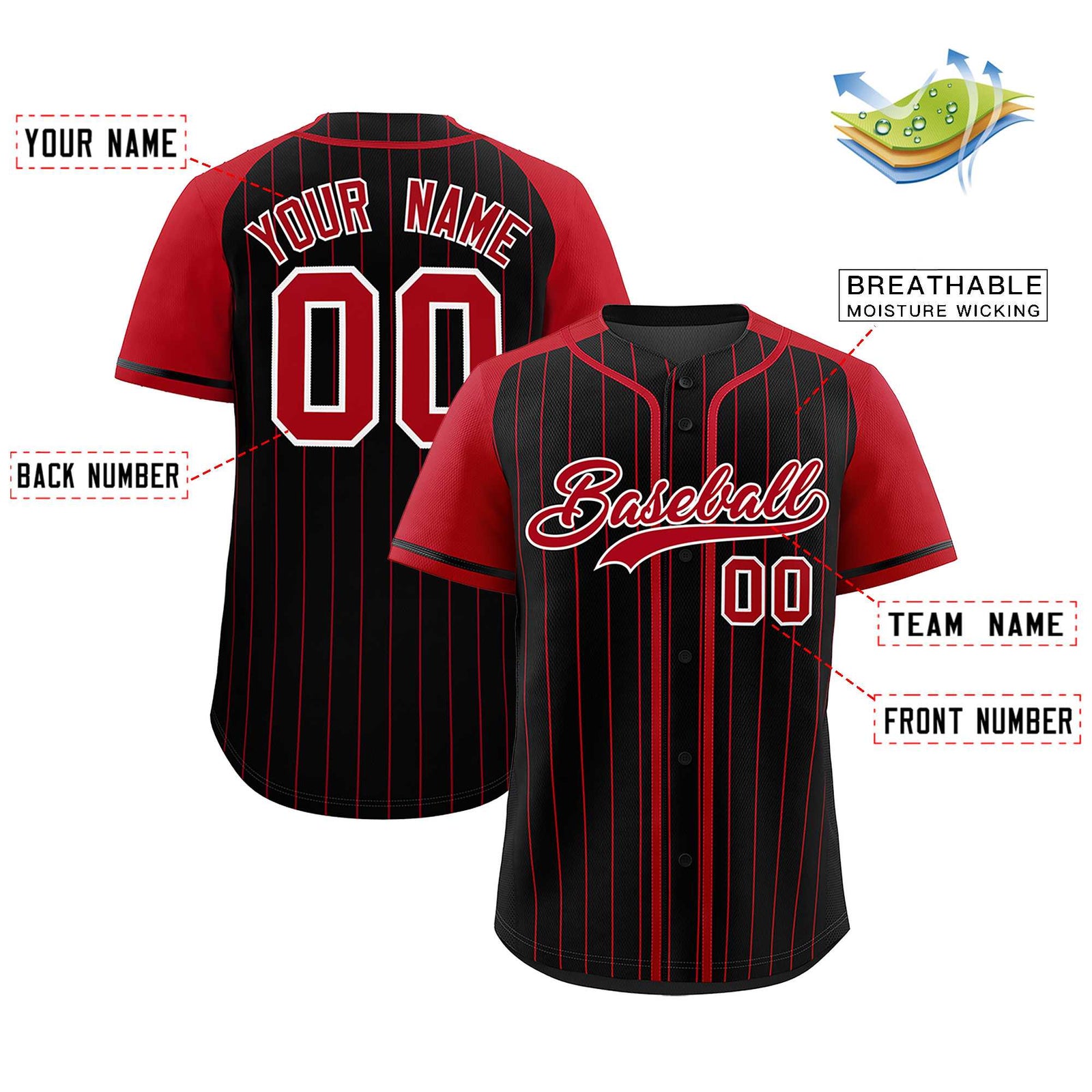 Custom Black Red Stripe Fashion Raglan Sleeves Authentic Baseball Jersey