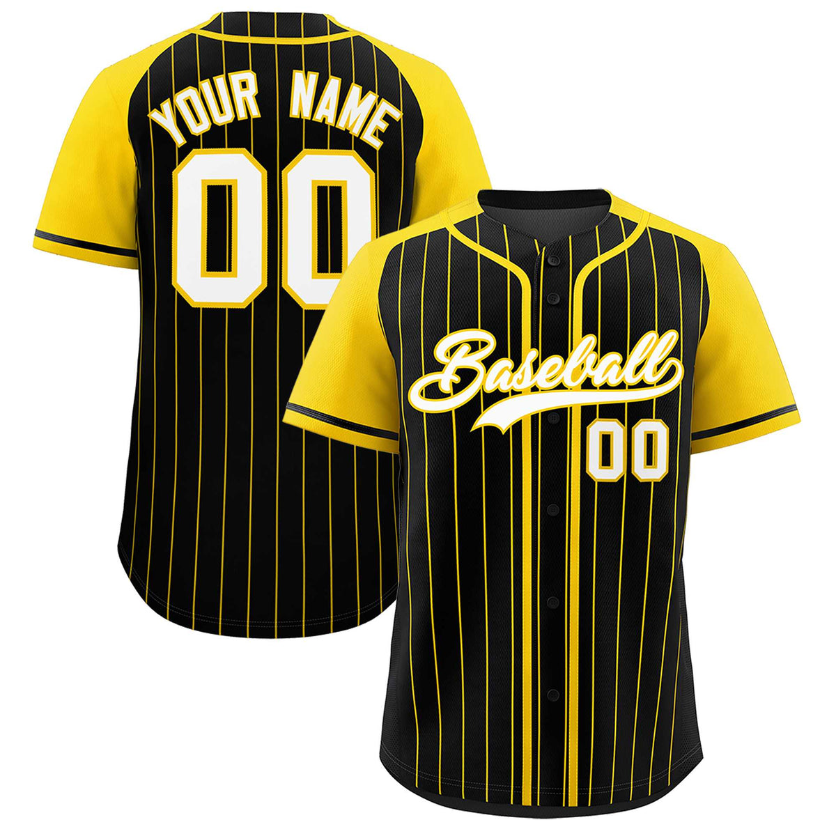 Custom Black Gold Stripe Fashion Raglan Sleeves Authentic Baseball Jersey