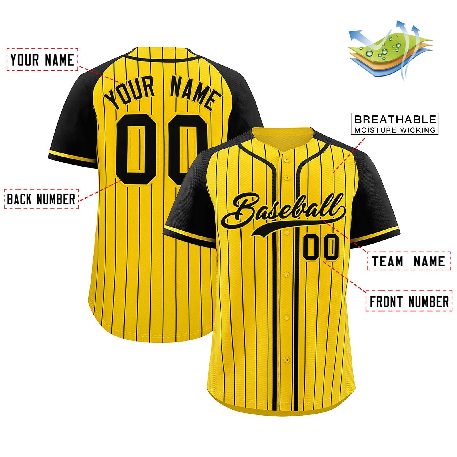 Custom Gold Black Stripe Fashion Raglan Sleeves Authentic Baseball Jersey