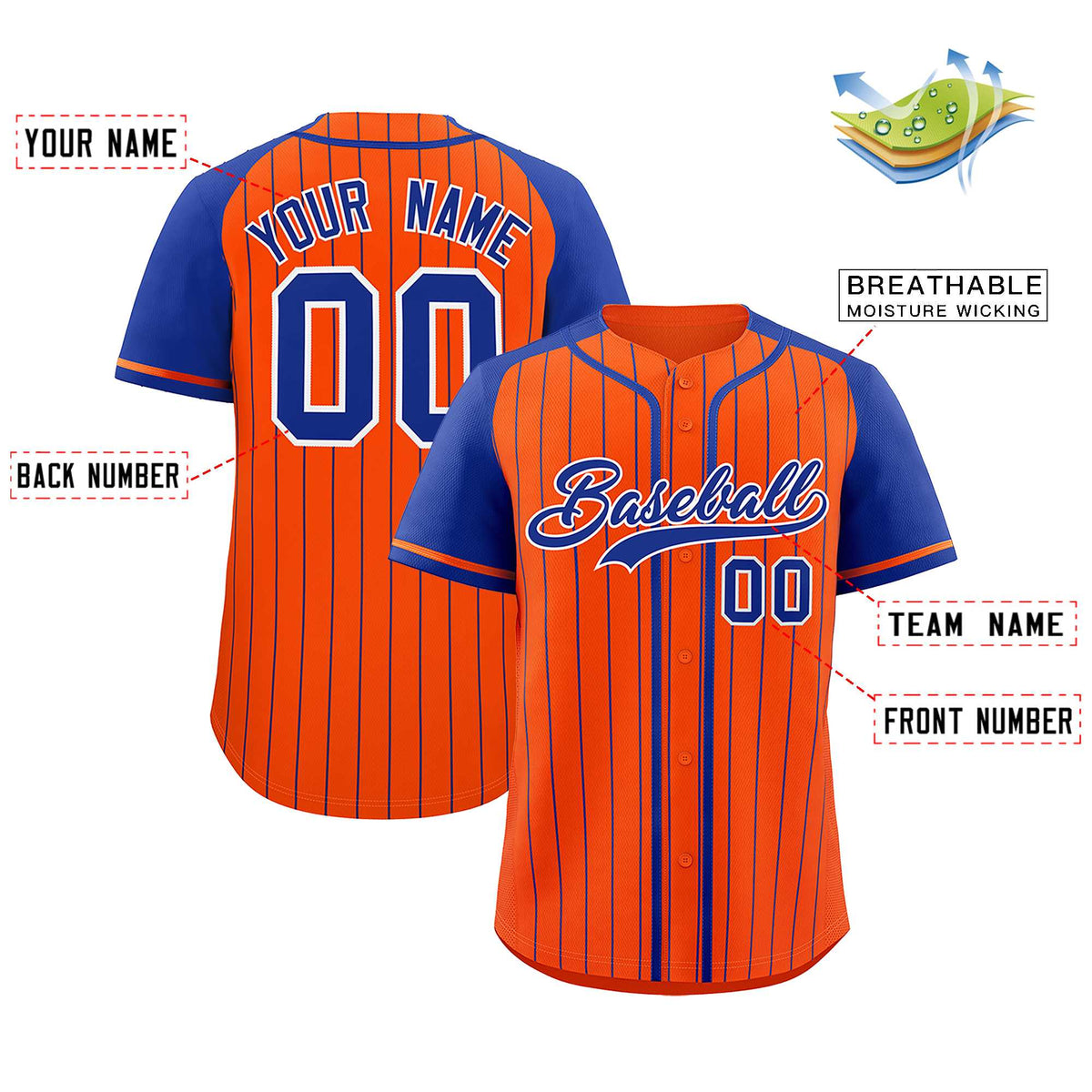 Custom Orange Royal Stripe Fashion Raglan Sleeves Authentic Baseball Jersey