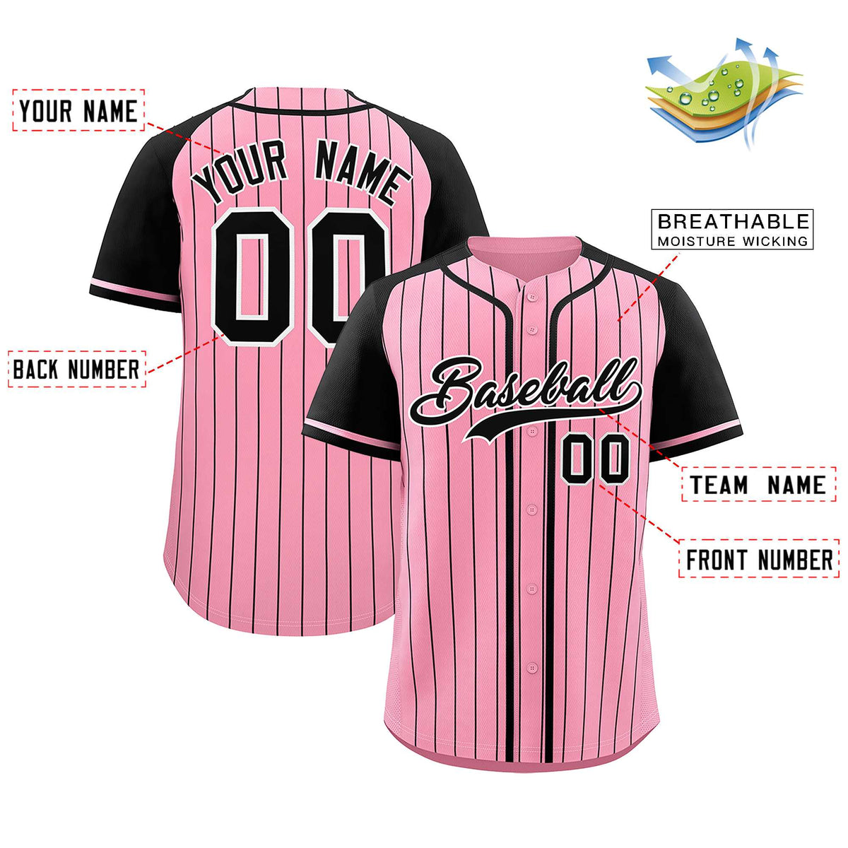 Custom Light Pink Black Stripe Fashion Raglan Sleeves Authentic Baseball Jersey