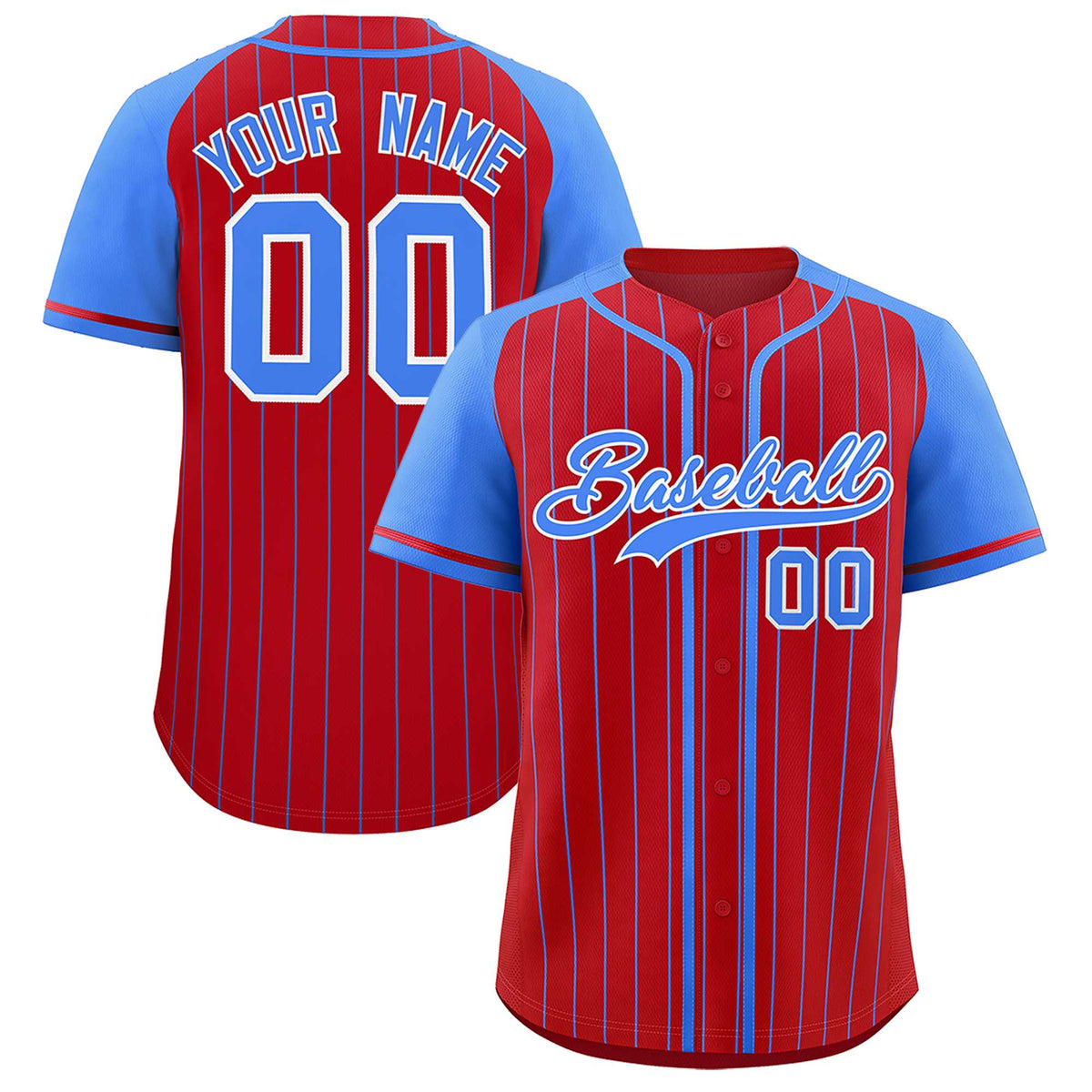 Custom Red Powder Blue Stripe Fashion Raglan Sleeves Authentic Baseball Jersey
