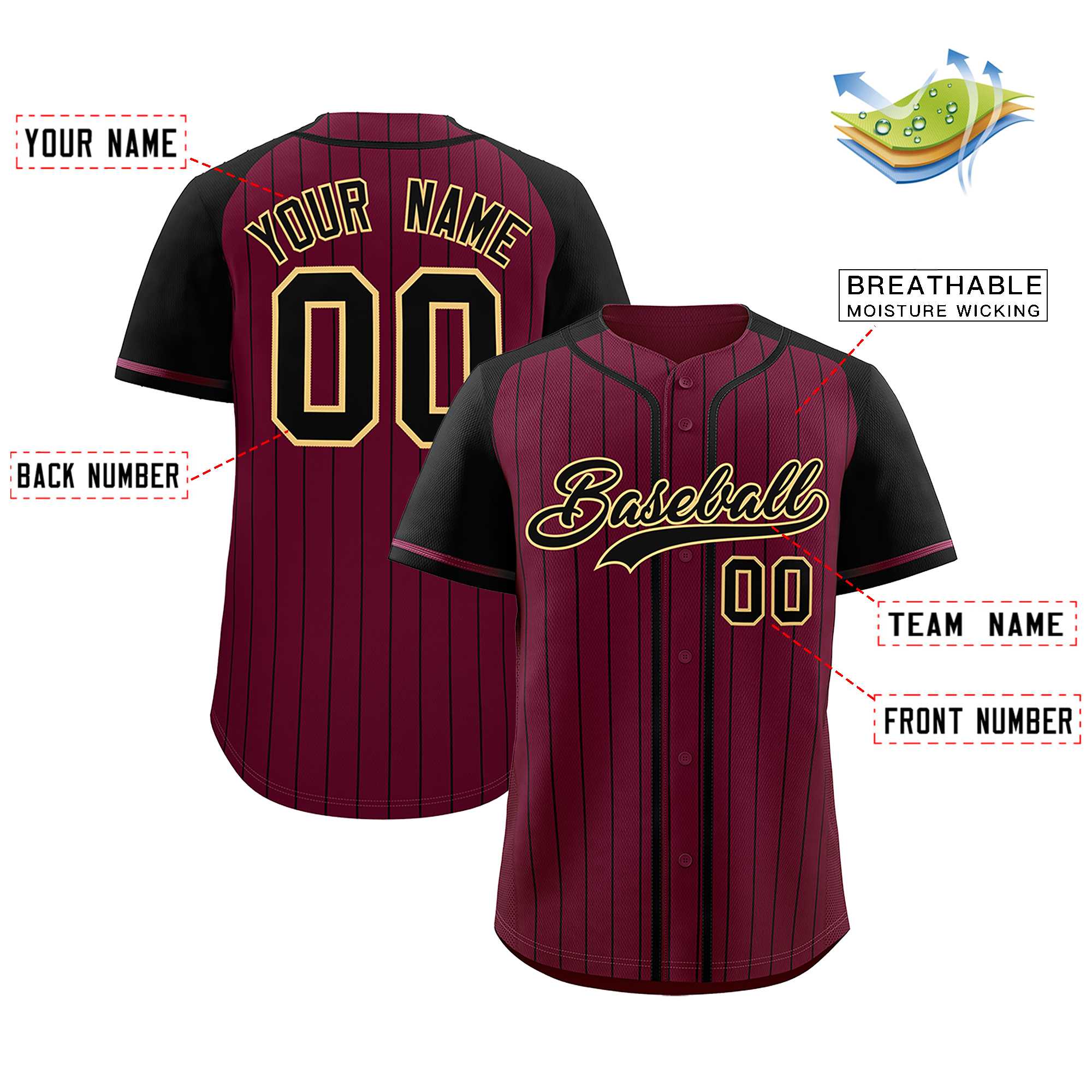 Custom Crimson Black Stripe Fashion Raglan Sleeves Authentic Baseball Jersey