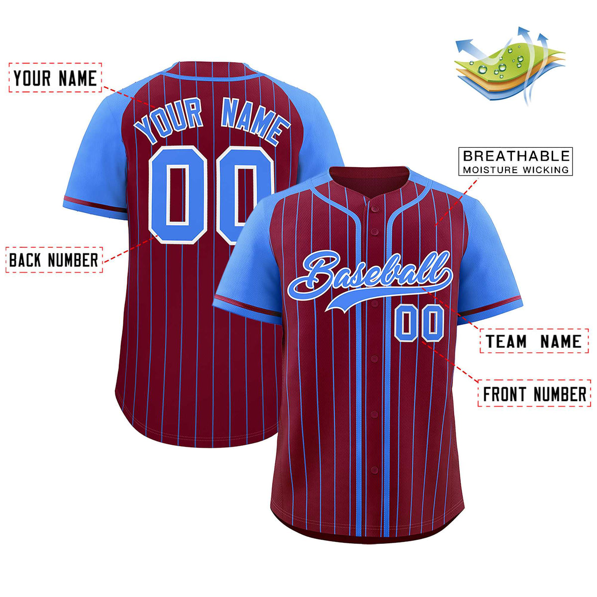 Custom Crimson Powder Blue Stripe Fashion Raglan Sleeves Authentic Baseball Jersey