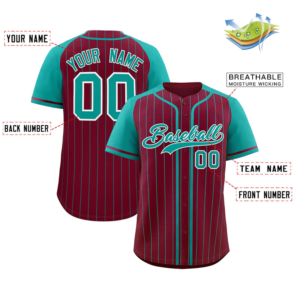 Custom Crimson Aqua Stripe Fashion Raglan Sleeves Authentic Baseball Jersey