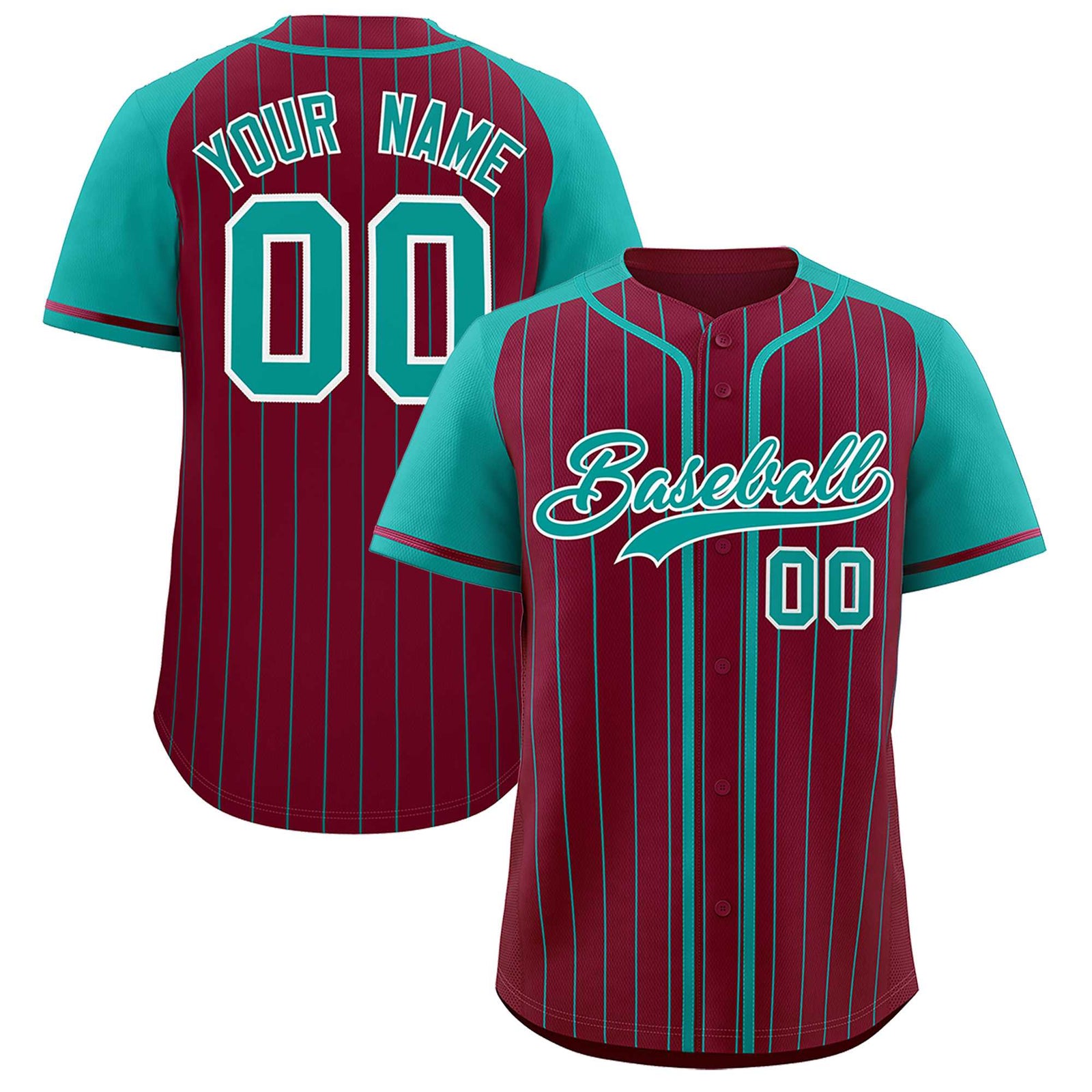Custom Crimson Aqua Stripe Fashion Raglan Sleeves Authentic Baseball Jersey