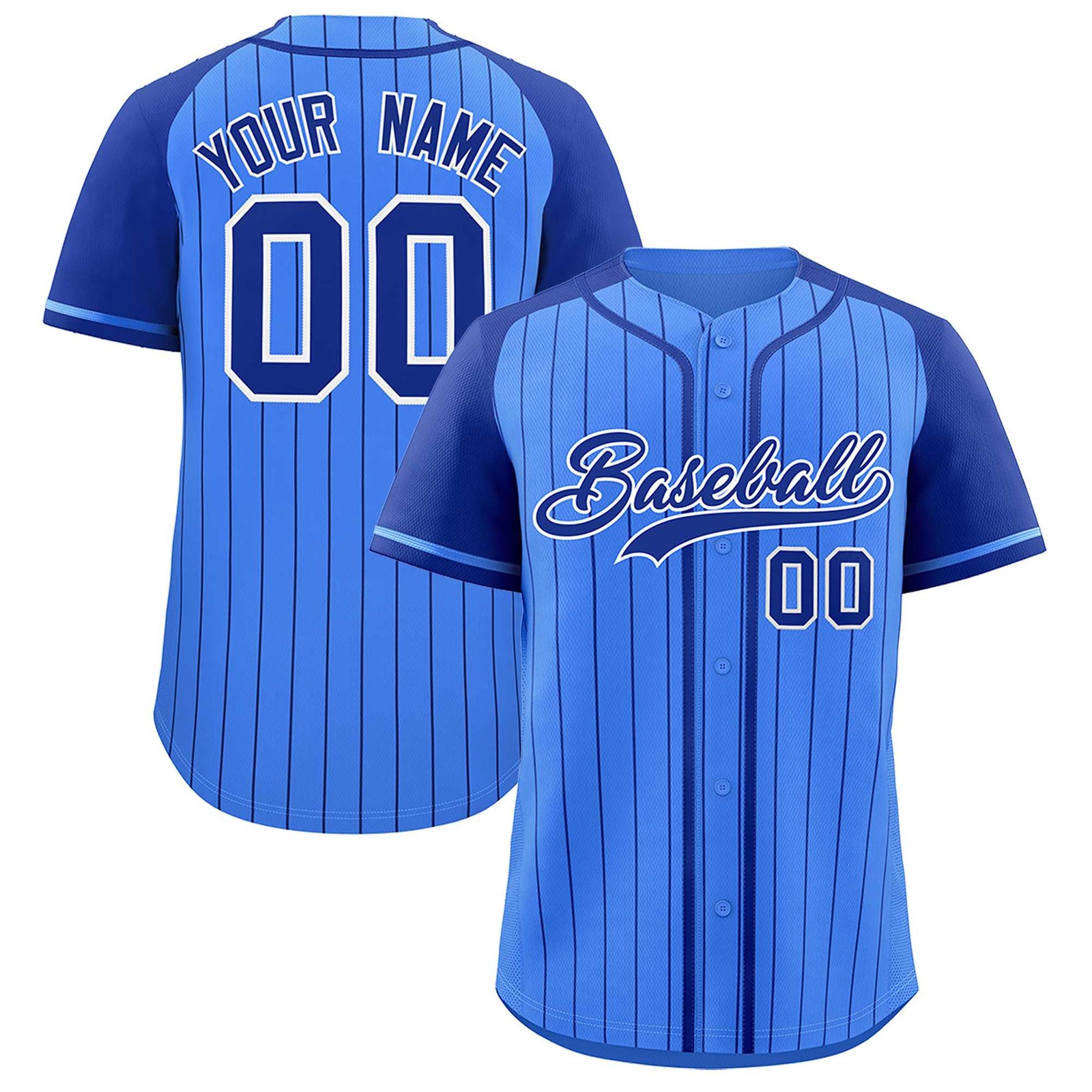 Custom Powder Blue Royal Stripe Fashion Raglan Sleeves Authentic Baseball Jersey