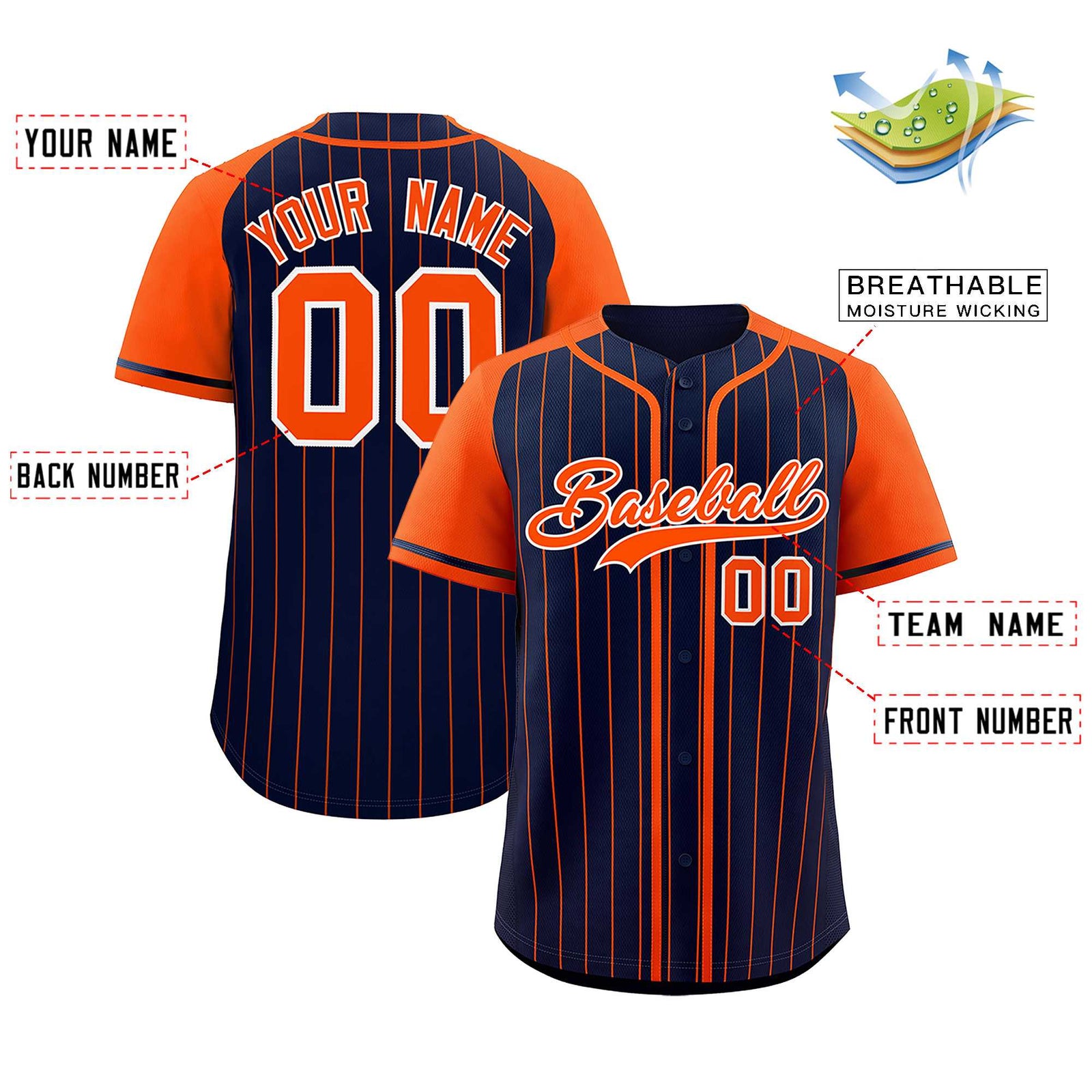 Custom Navy Orange Stripe Fashion Raglan Sleeves Authentic Baseball Jersey