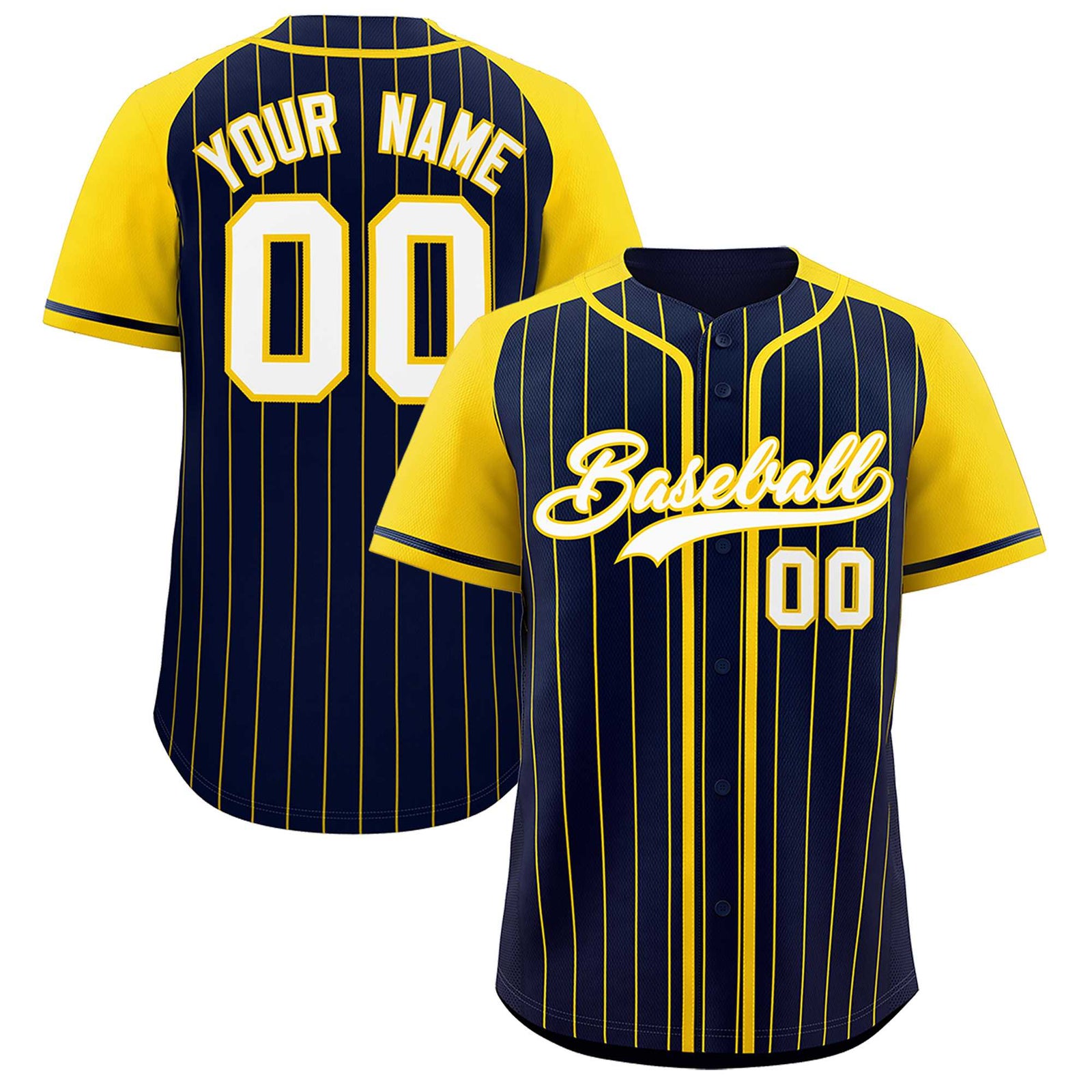 Custom Navy Gold Stripe Fashion Raglan Sleeves Authentic Baseball Jersey