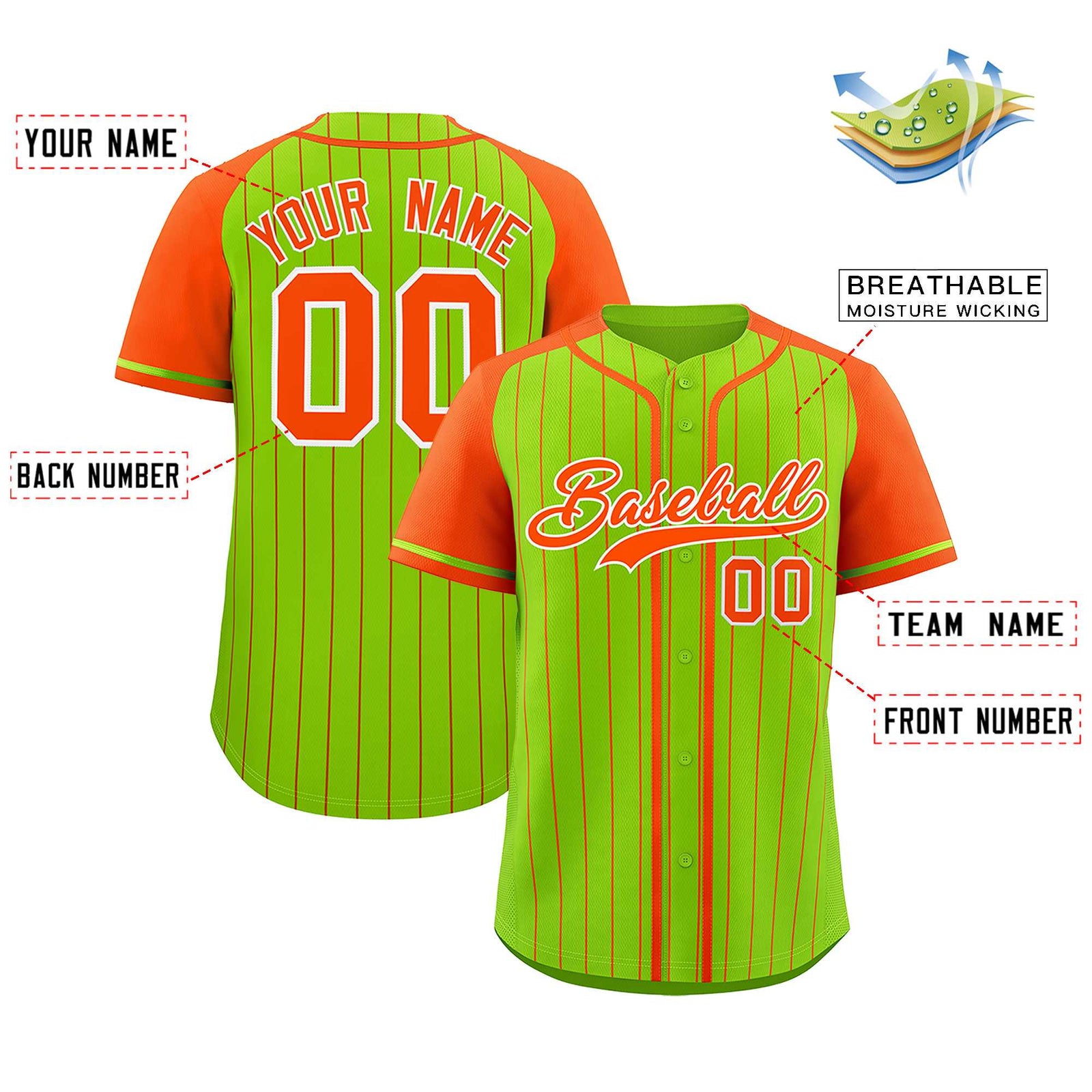 Custom Neon Green Orange Stripe Fashion Raglan Sleeves Authentic Baseball Jersey