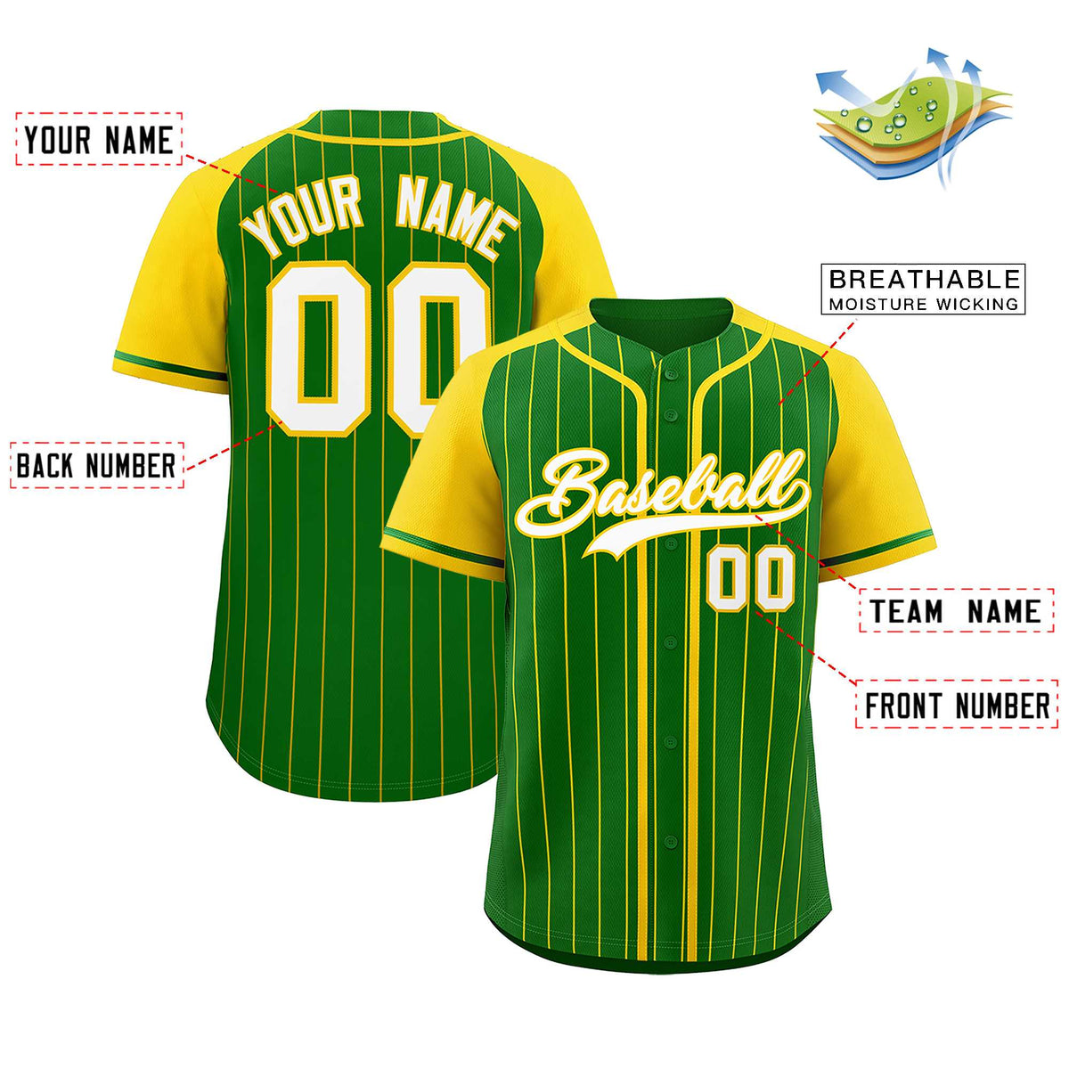 Custom Kelly Green Gold Stripe Fashion Raglan Sleeves Authentic Baseball Jersey