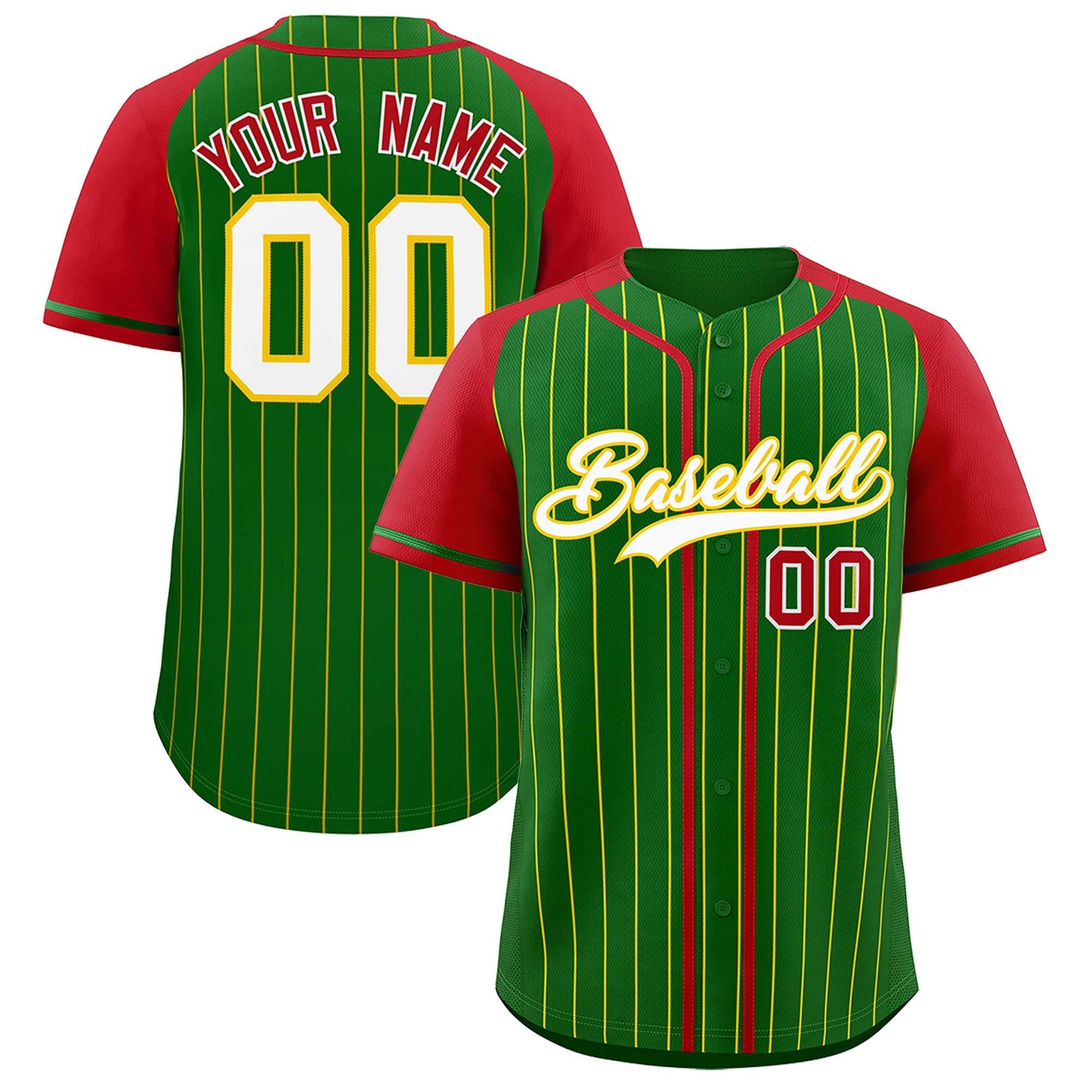 Custom Kelly Green Red Stripe Fashion Raglan Sleeves Authentic Baseball Jersey