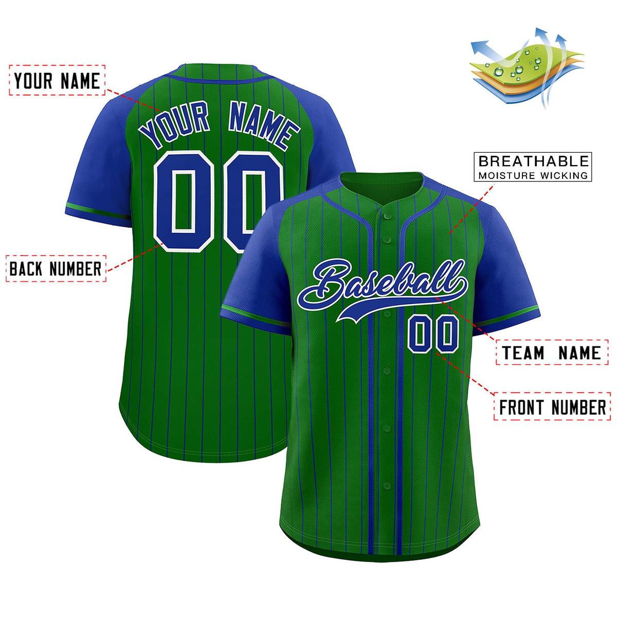 Custom Kelly Green Royal Stripe Fashion Raglan Sleeves Authentic Baseball Jersey