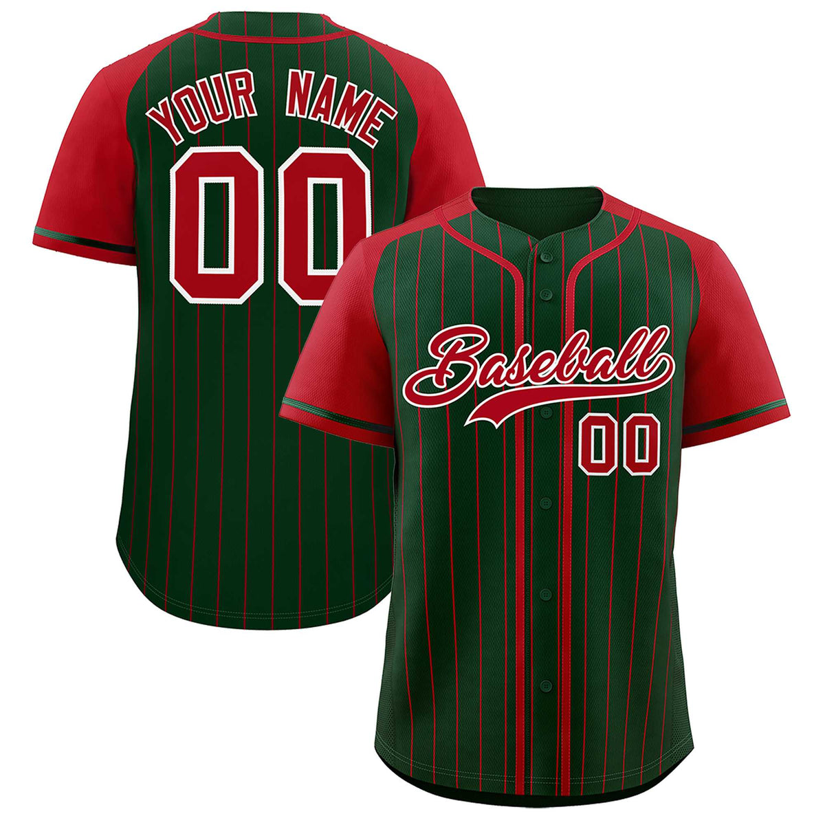 Custom Green Red Stripe Fashion Raglan Sleeves Authentic Baseball Jersey