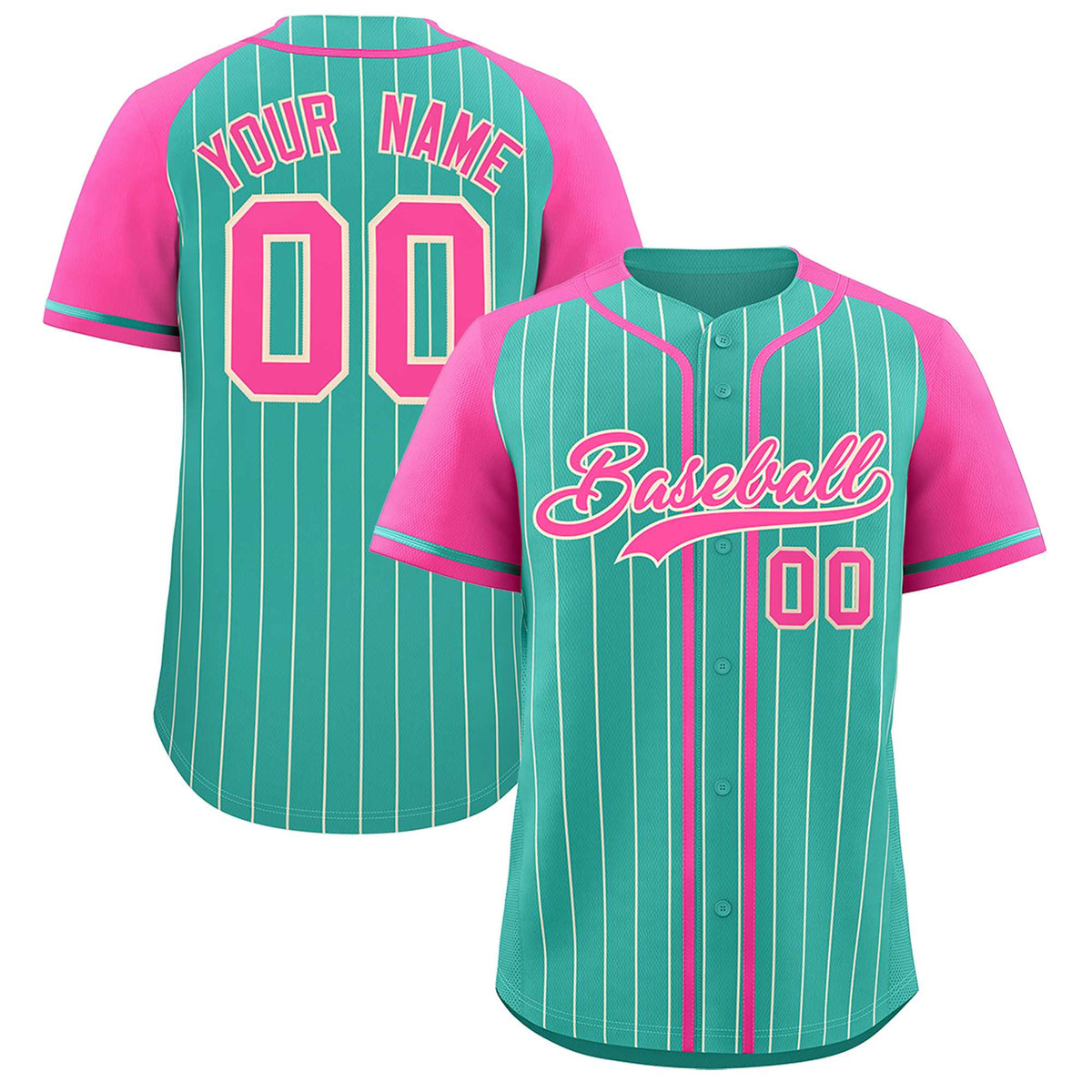 Custom Bright Green Pink Stripe Fashion Raglan Sleeves Authentic Baseball Jersey