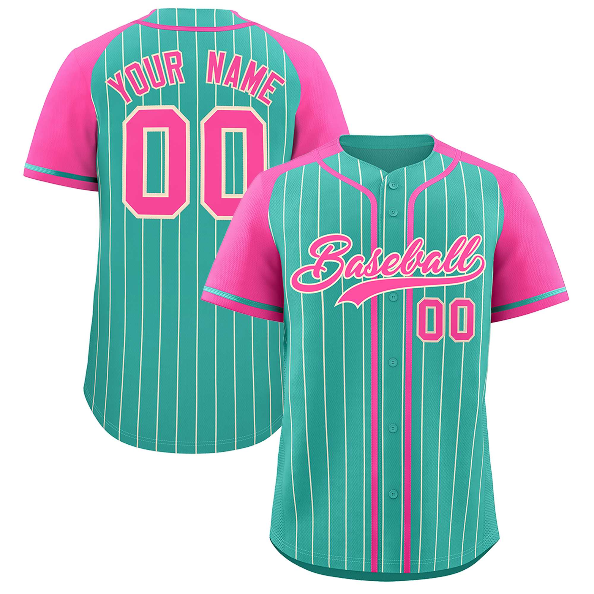 Custom Bright Green Pink Stripe Fashion Raglan Sleeves Authentic Baseball Jersey