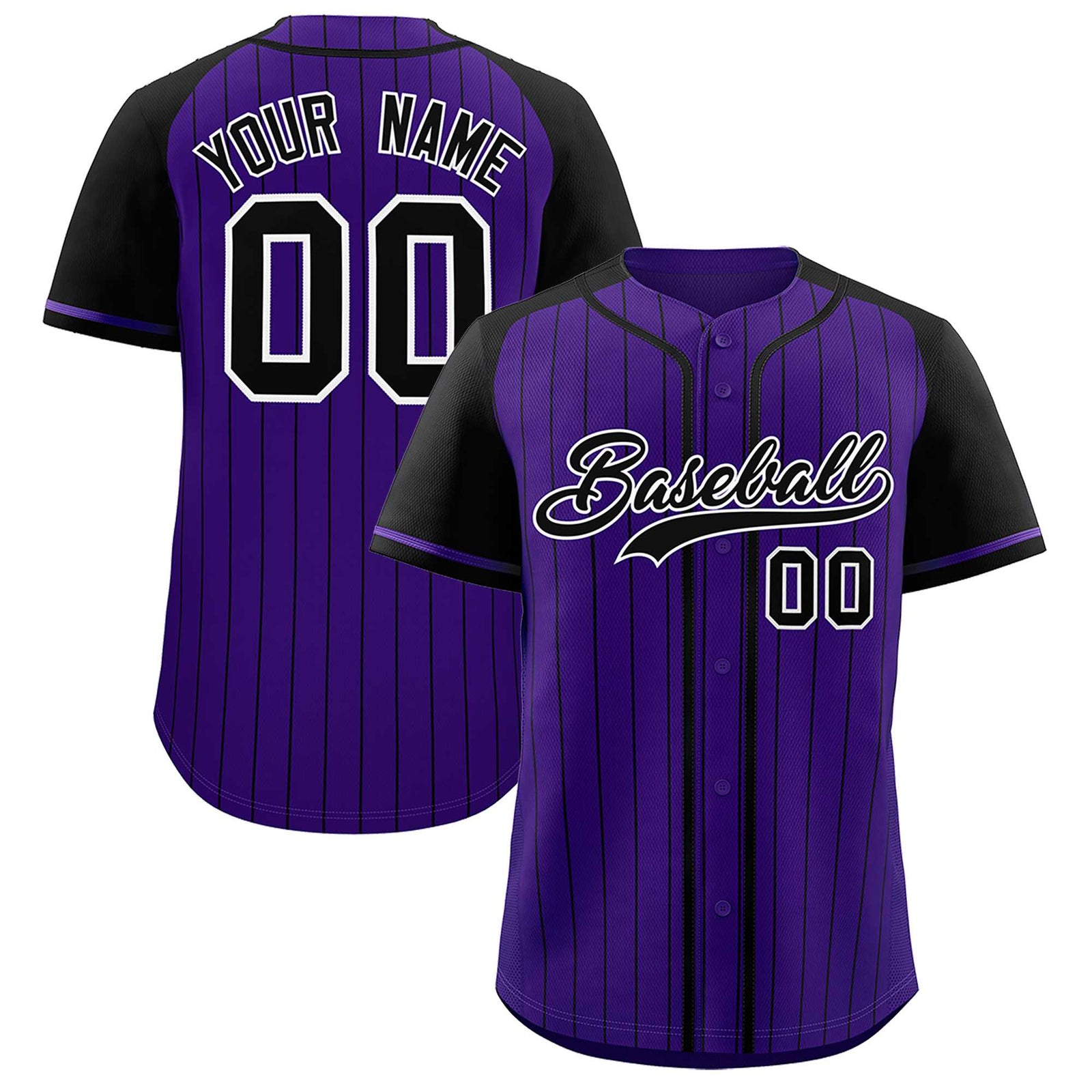 Custom Purple Black Stripe Fashion Raglan Sleeves Authentic Baseball Jersey