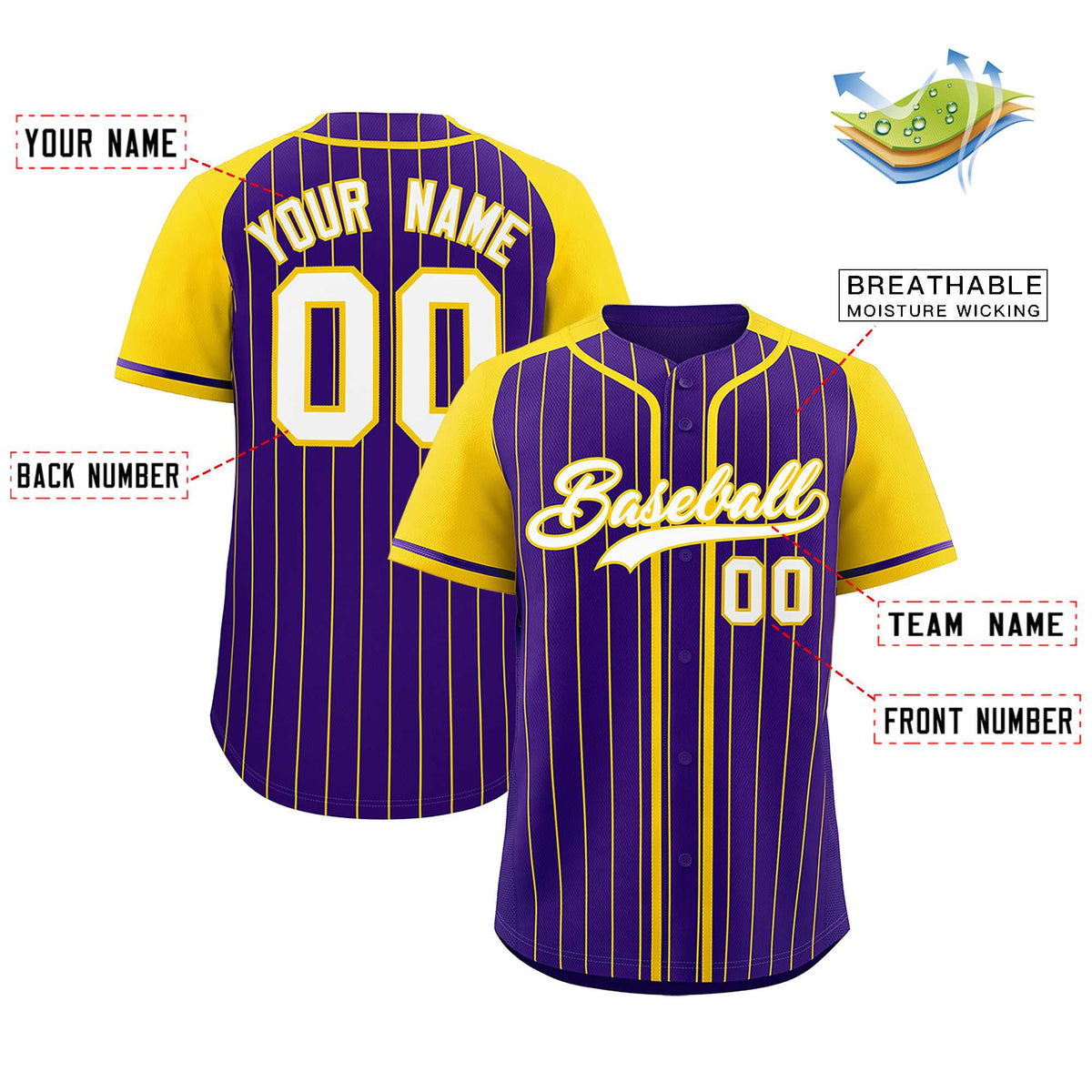 Custom Purple Gold Stripe Fashion Raglan Sleeves Authentic Baseball Jersey