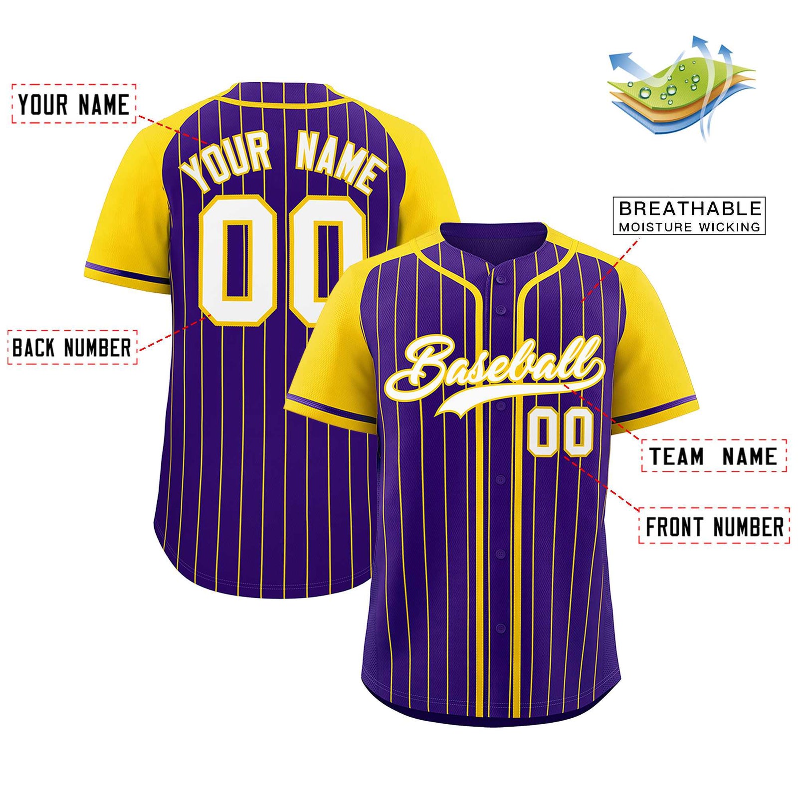 Custom Purple Gold Stripe Fashion Raglan Sleeves Authentic Baseball Jersey