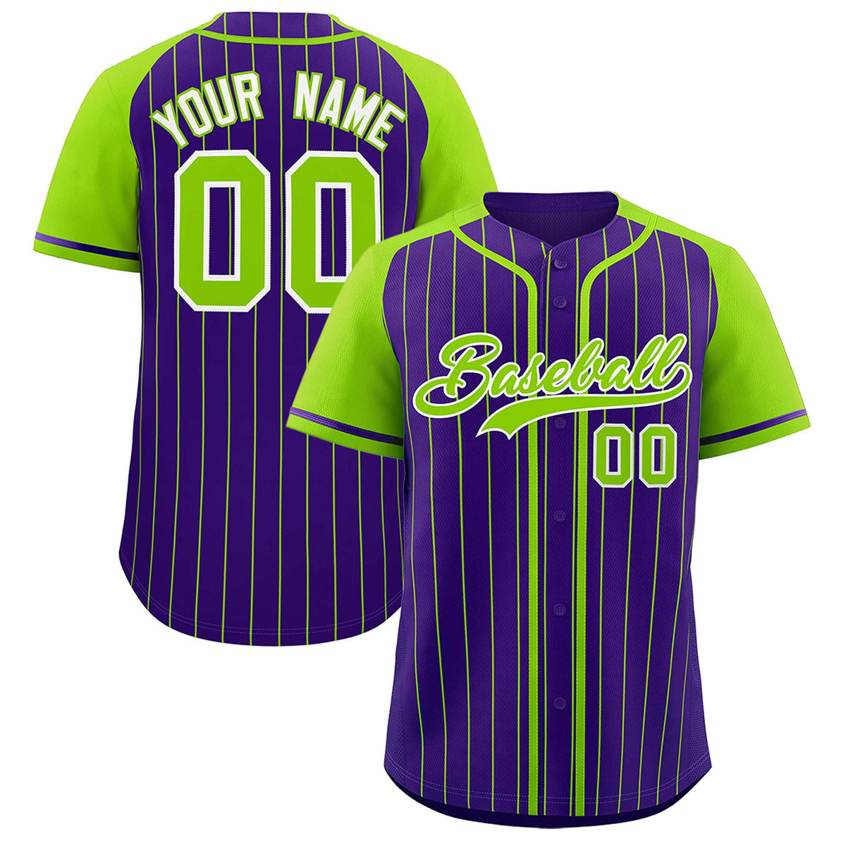 Custom Purple Neon Green Stripe Fashion Raglan Sleeves Authentic Baseball Jersey