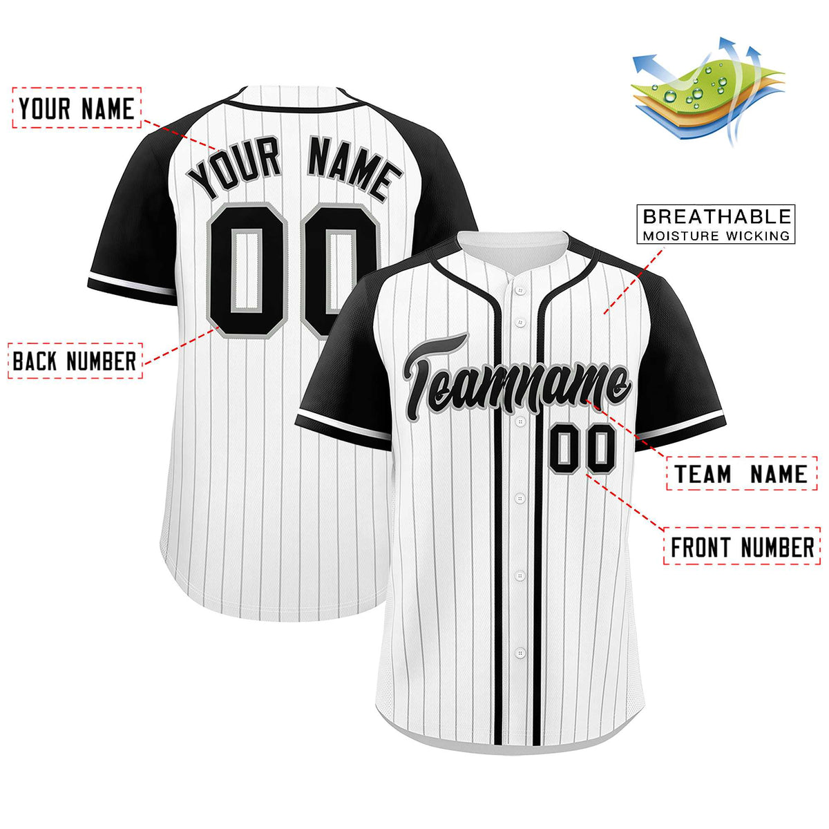 Custom White Black Stripe Fashion Raglan Sleeves Authentic Baseball Jersey