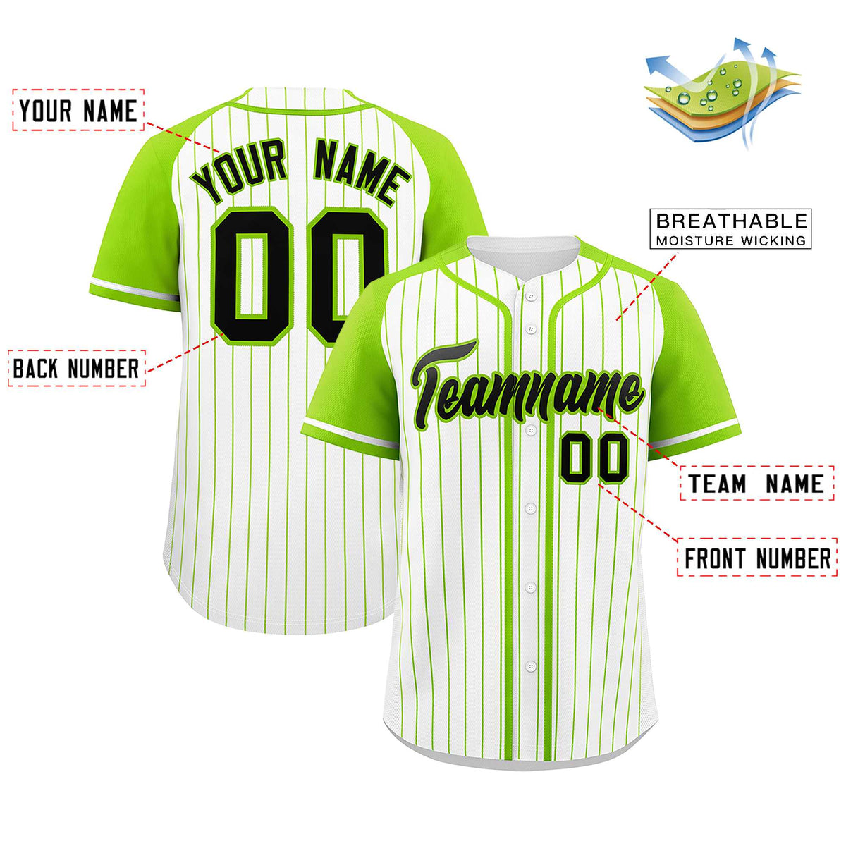 Custom White Neon Green Stripe Fashion Raglan Sleeves Authentic Baseball Jersey