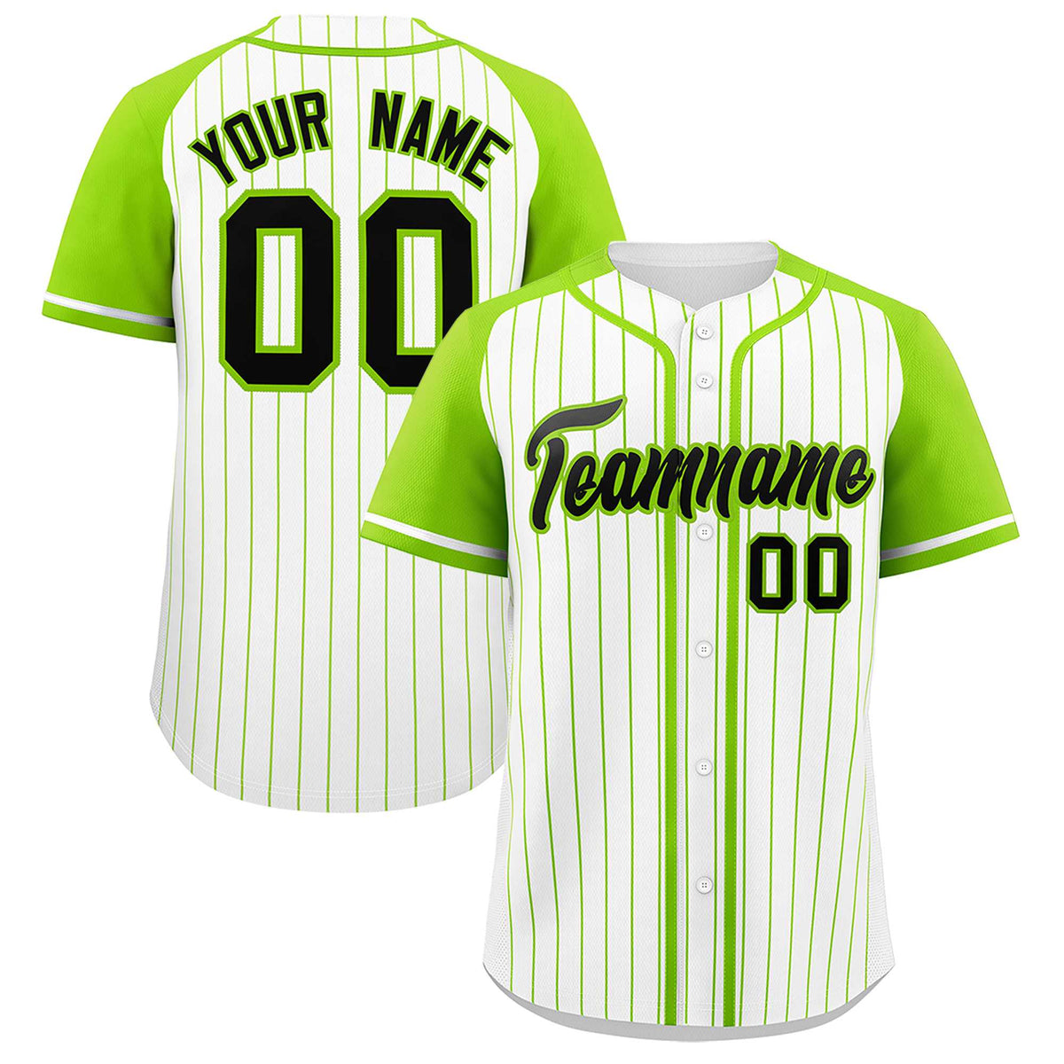 Custom White Neon Green Stripe Fashion Raglan Sleeves Authentic Baseball Jersey